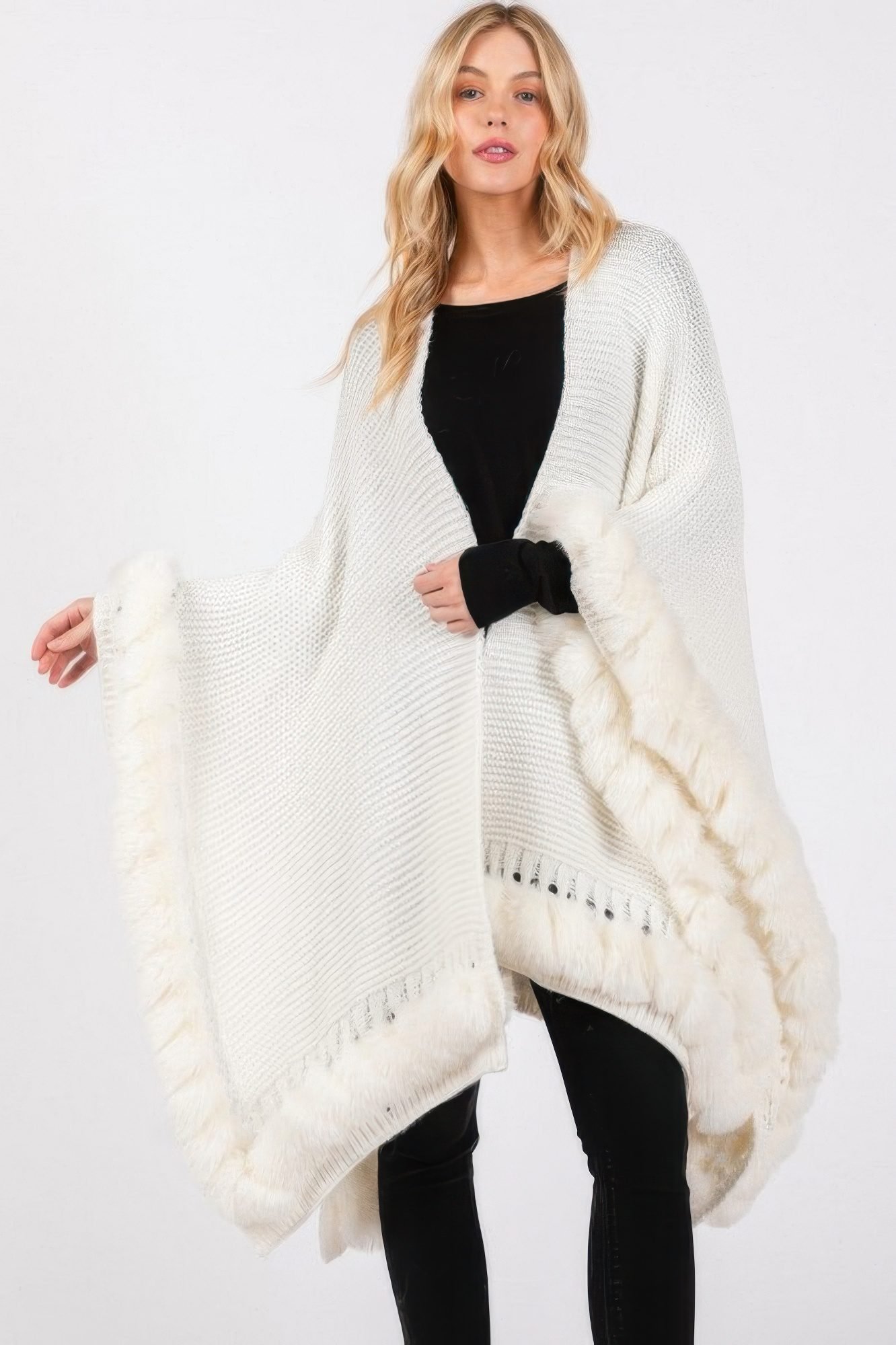 Faux Fur Trim Cape With Closure-51387