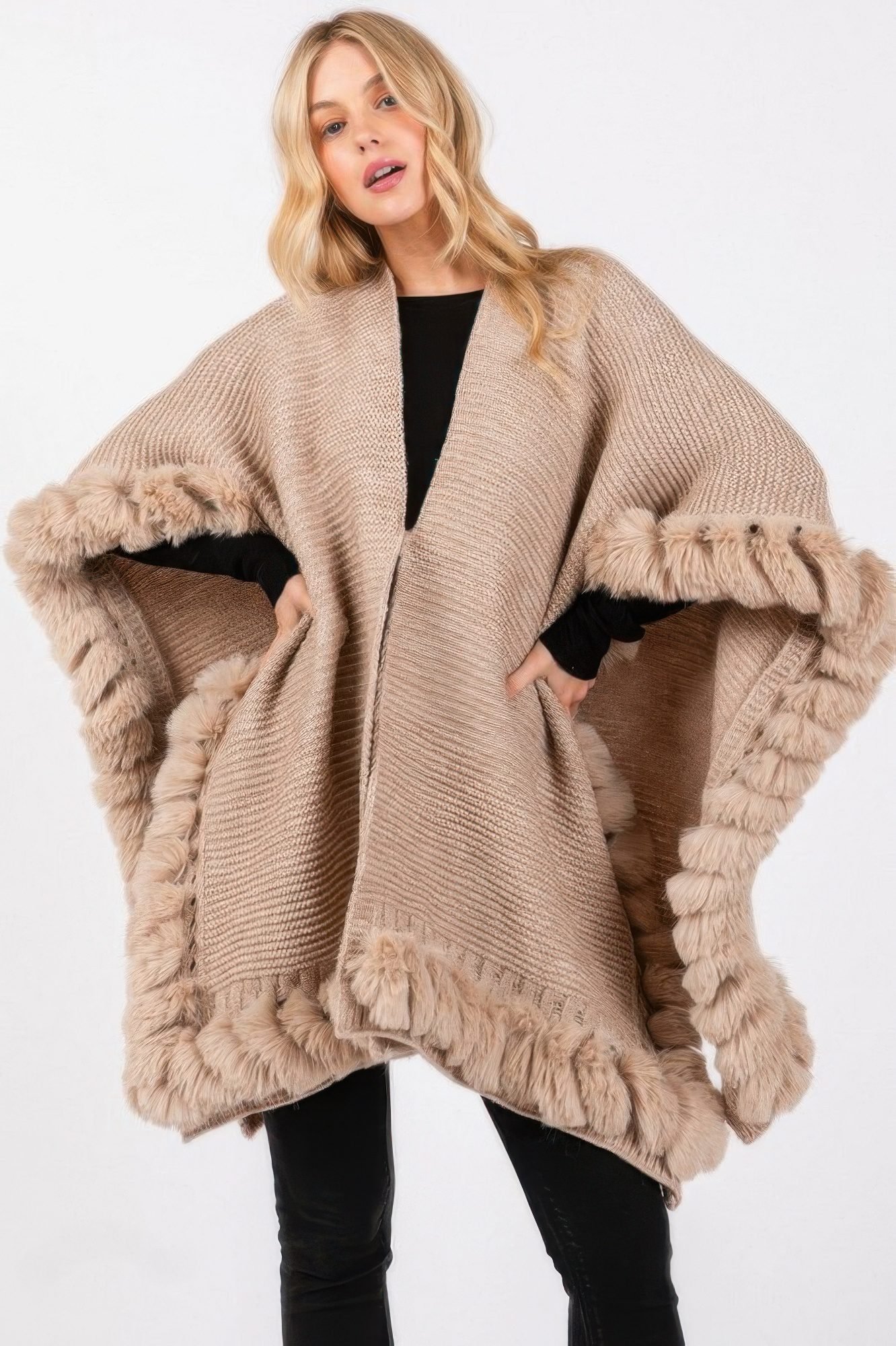 Faux Fur Trim Cape With Closure-51387