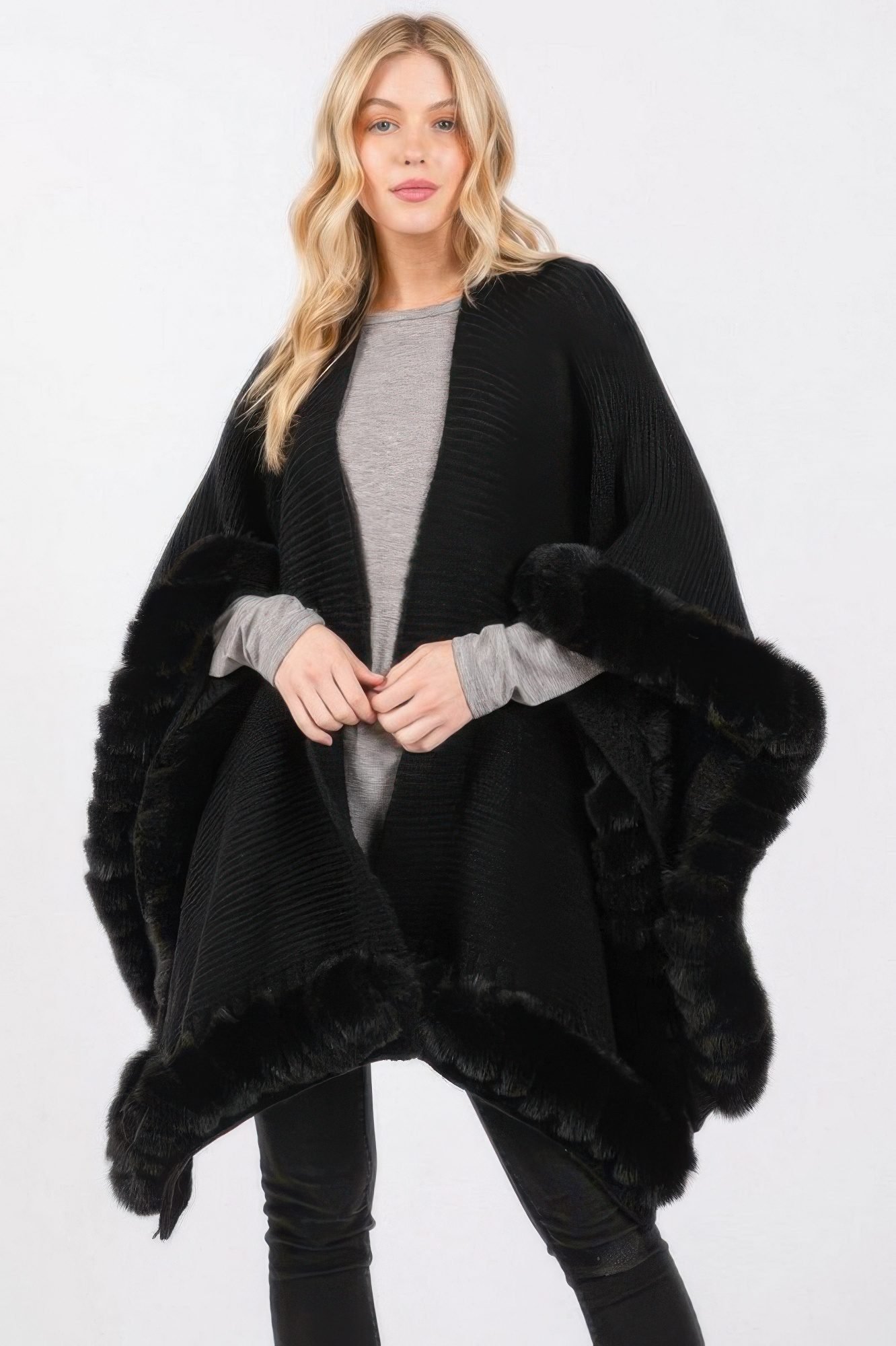 Faux Fur Trim Cape With Closure-51387