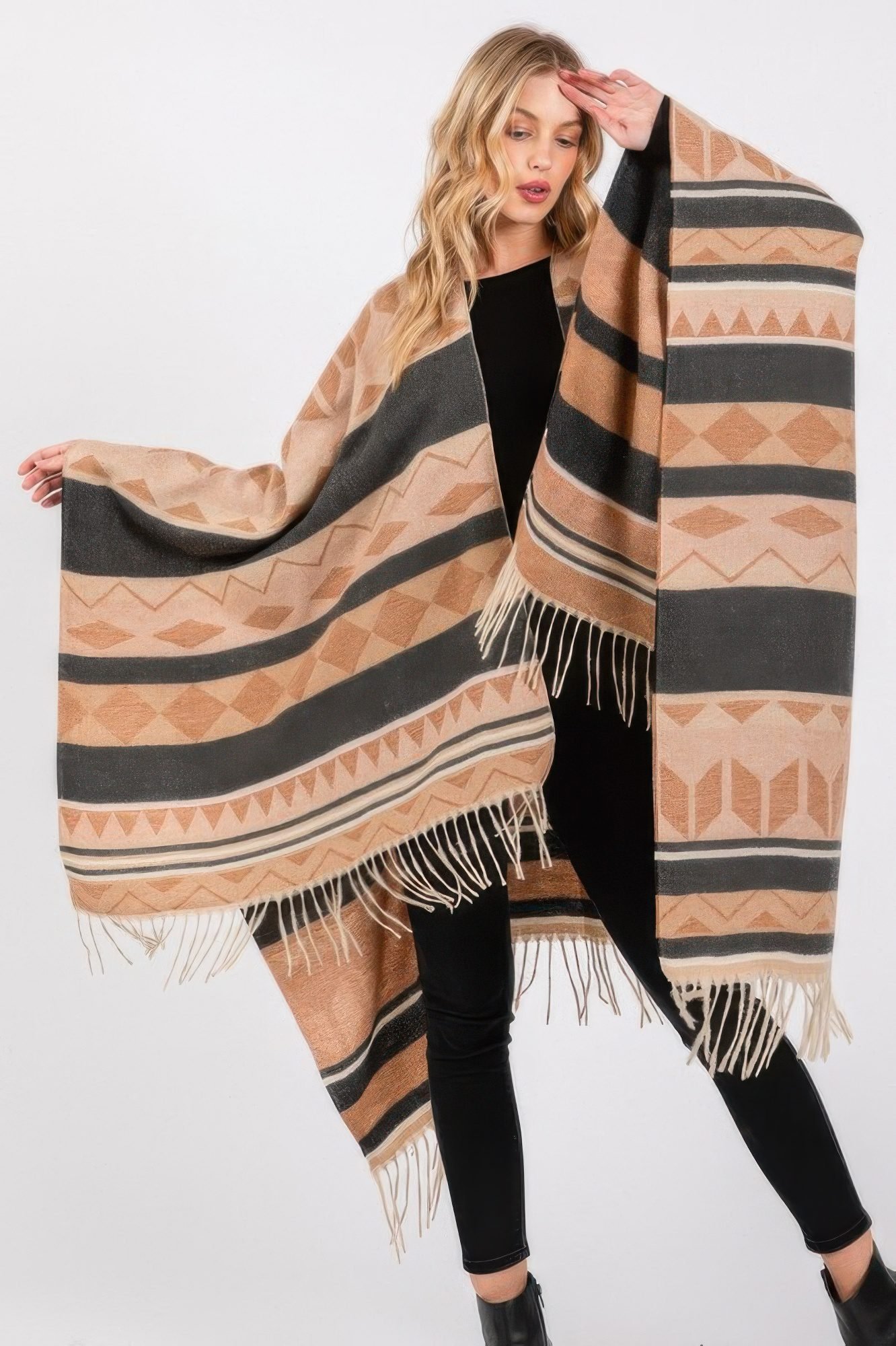 Aztec Pattern Fringe Ruana-51415