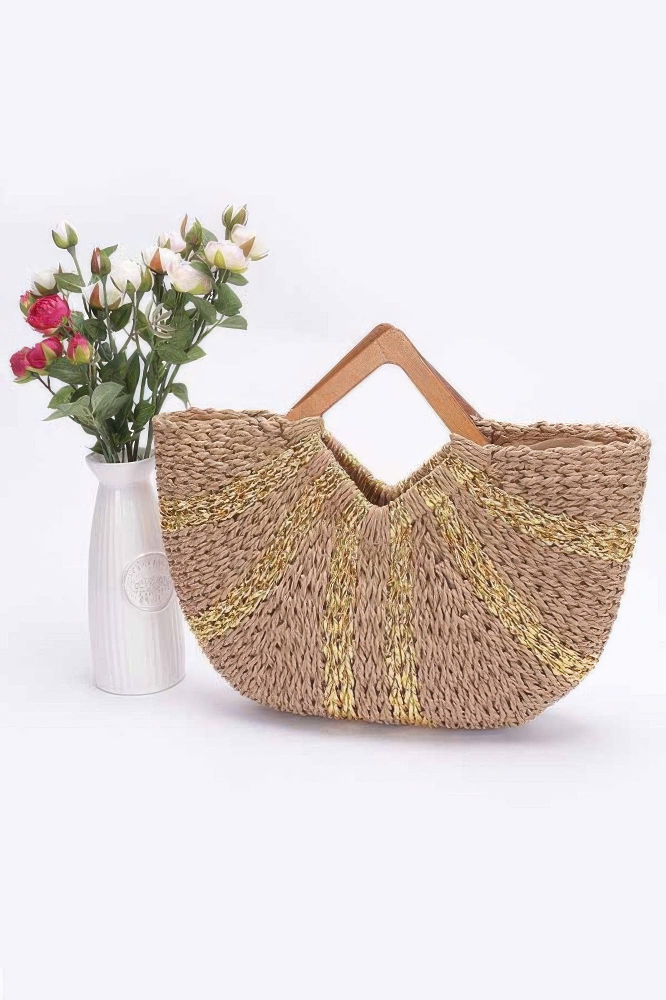 Fauxstraw Handmade Metallic Stripe Wooden Handle Bag-52370