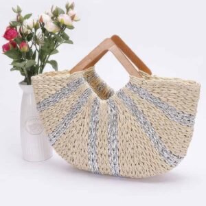 Fauxstraw Handmade Metallic Stripe Wooden Handle Bag-52370