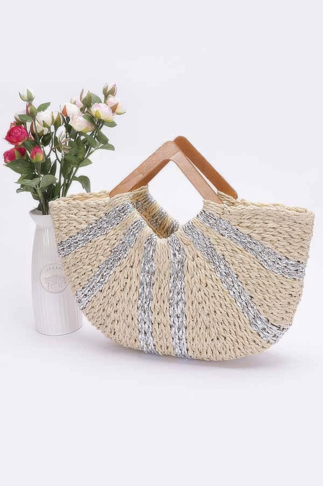 Fauxstraw Handmade Metallic Stripe Wooden Handle Bag-52370