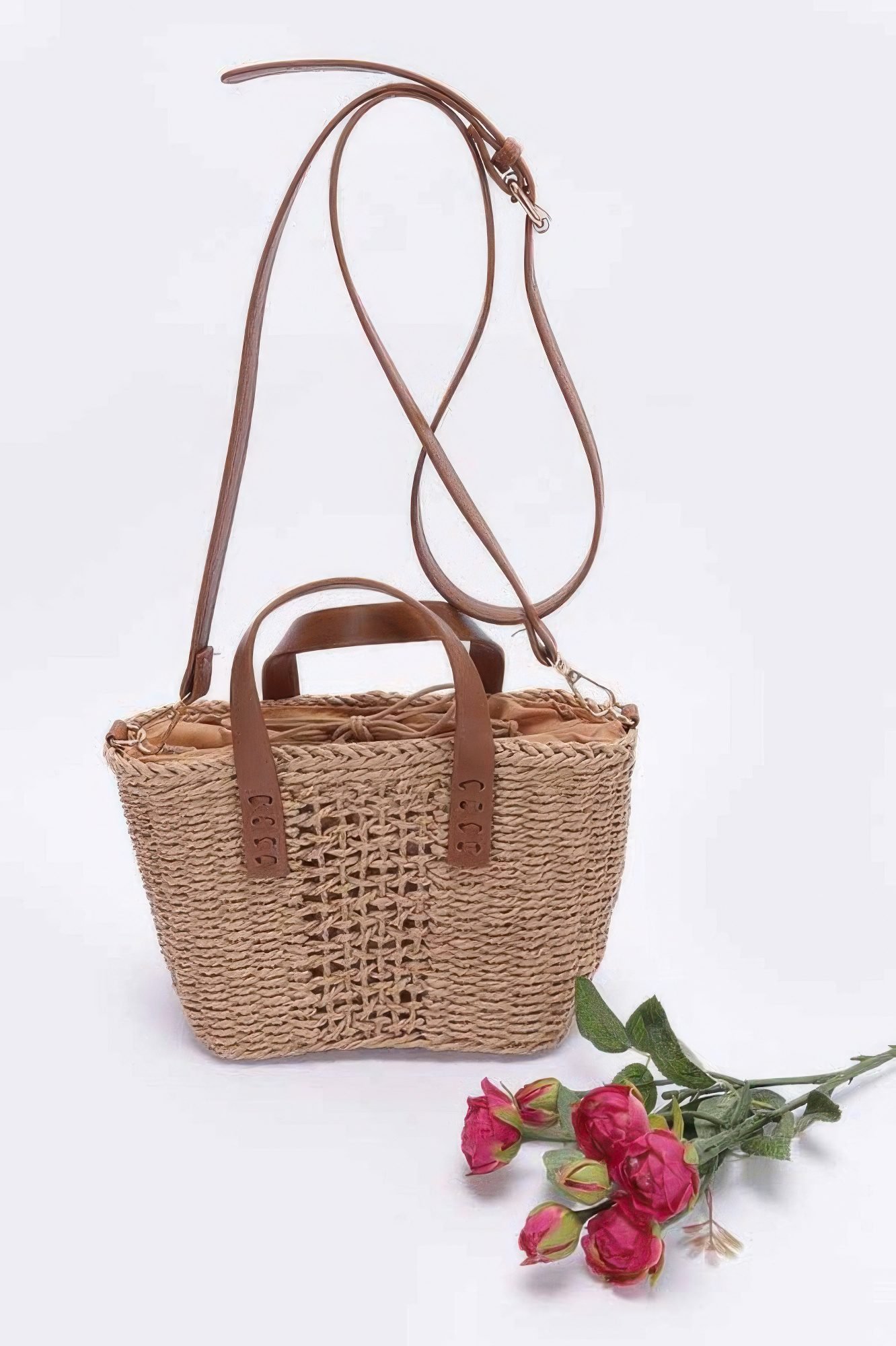 Faux Straw Top Handle Small Tote Bag-52375