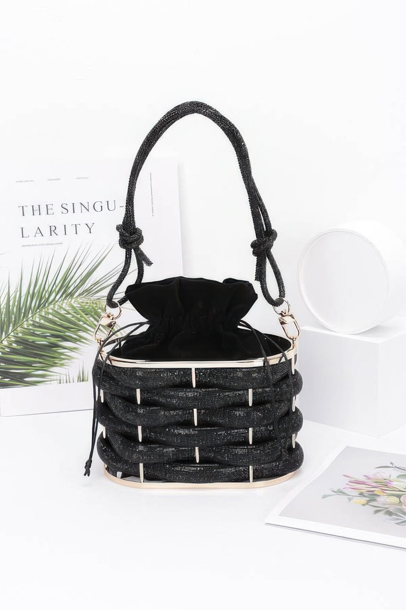 Rhinestone Braided Metal Bucket Bag-52397