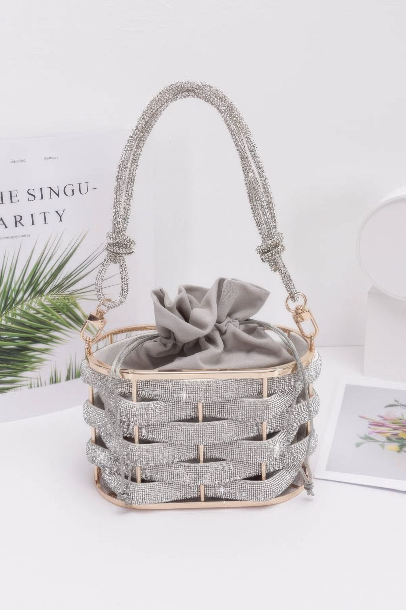 Rhinestone Braided Metal Bucket Bag-52397