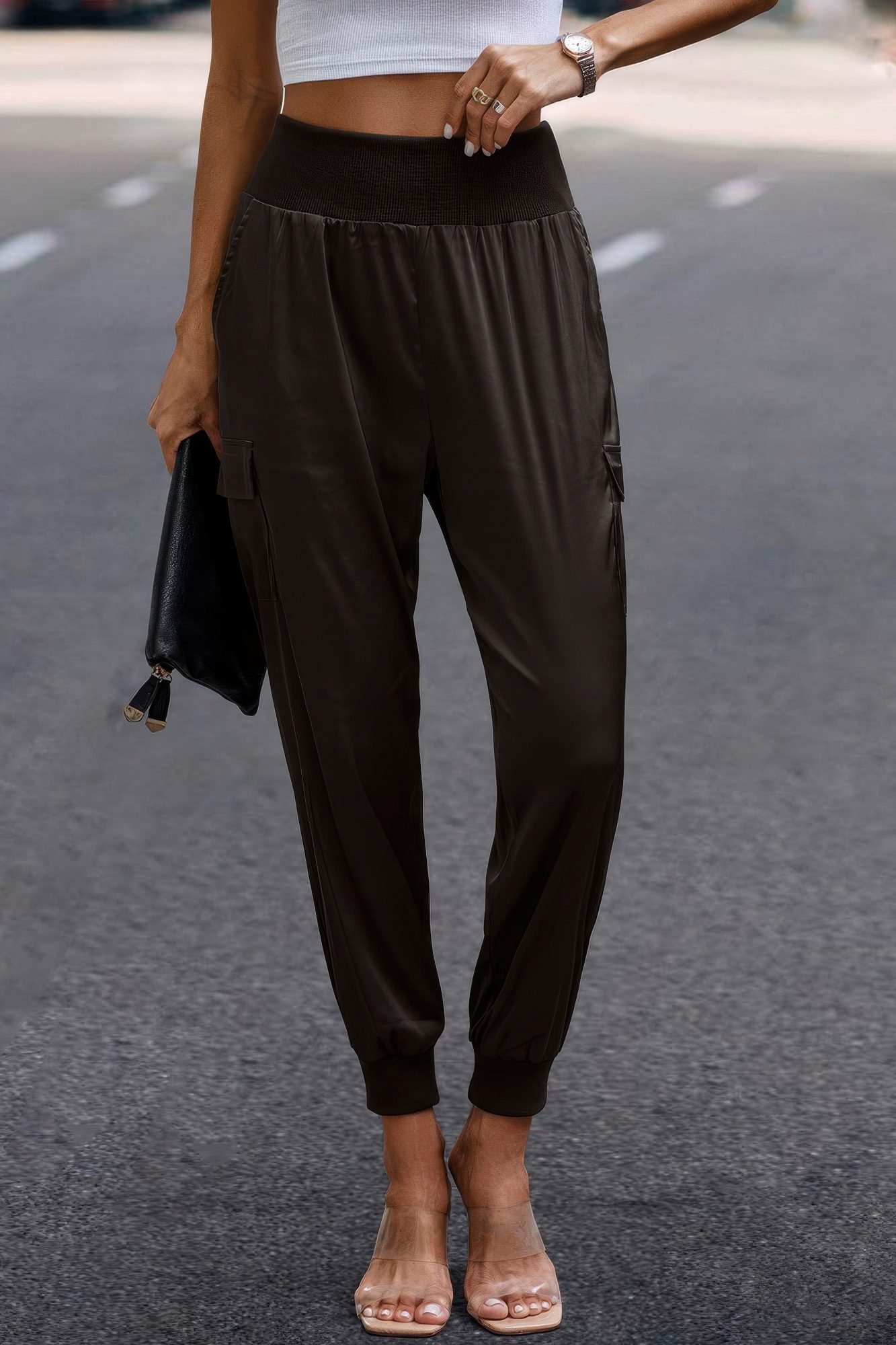 High Waist Trousers Pocket Satin Jogger Pants