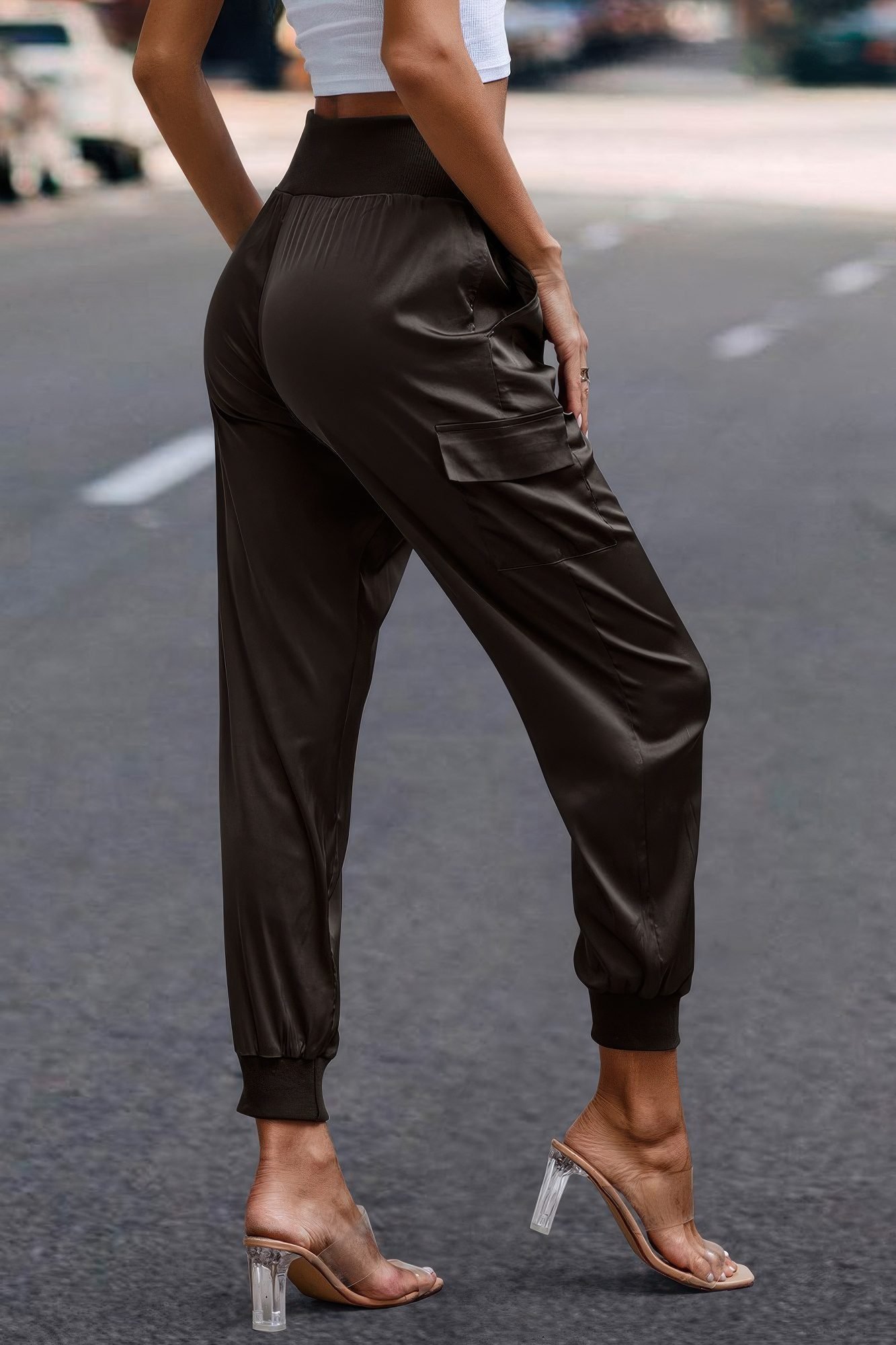 High Waist Trousers Pocket Satin Jogger Pants
