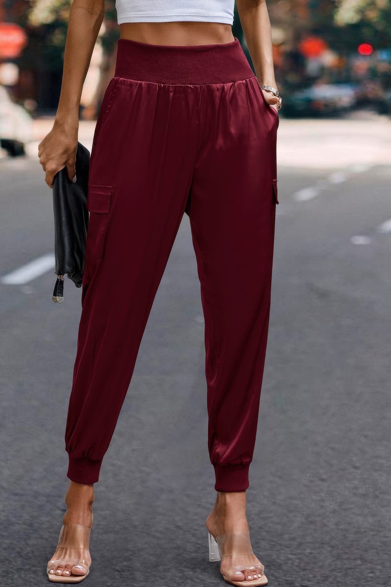 High Waist Trousers Pocket Satin Jogger Pants