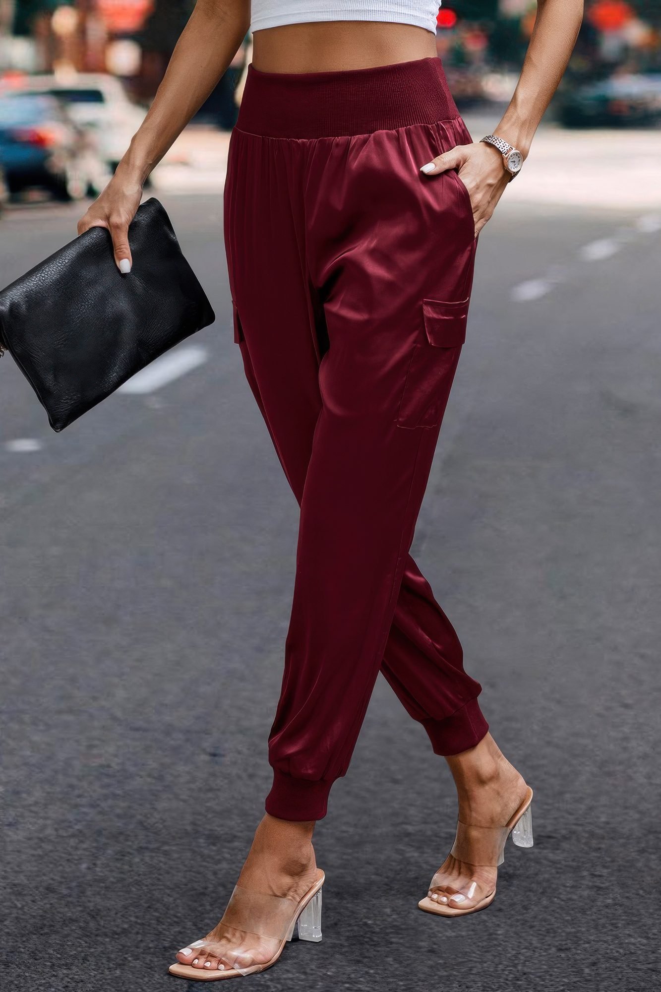 High Waist Trousers Pocket Satin Jogger Pants