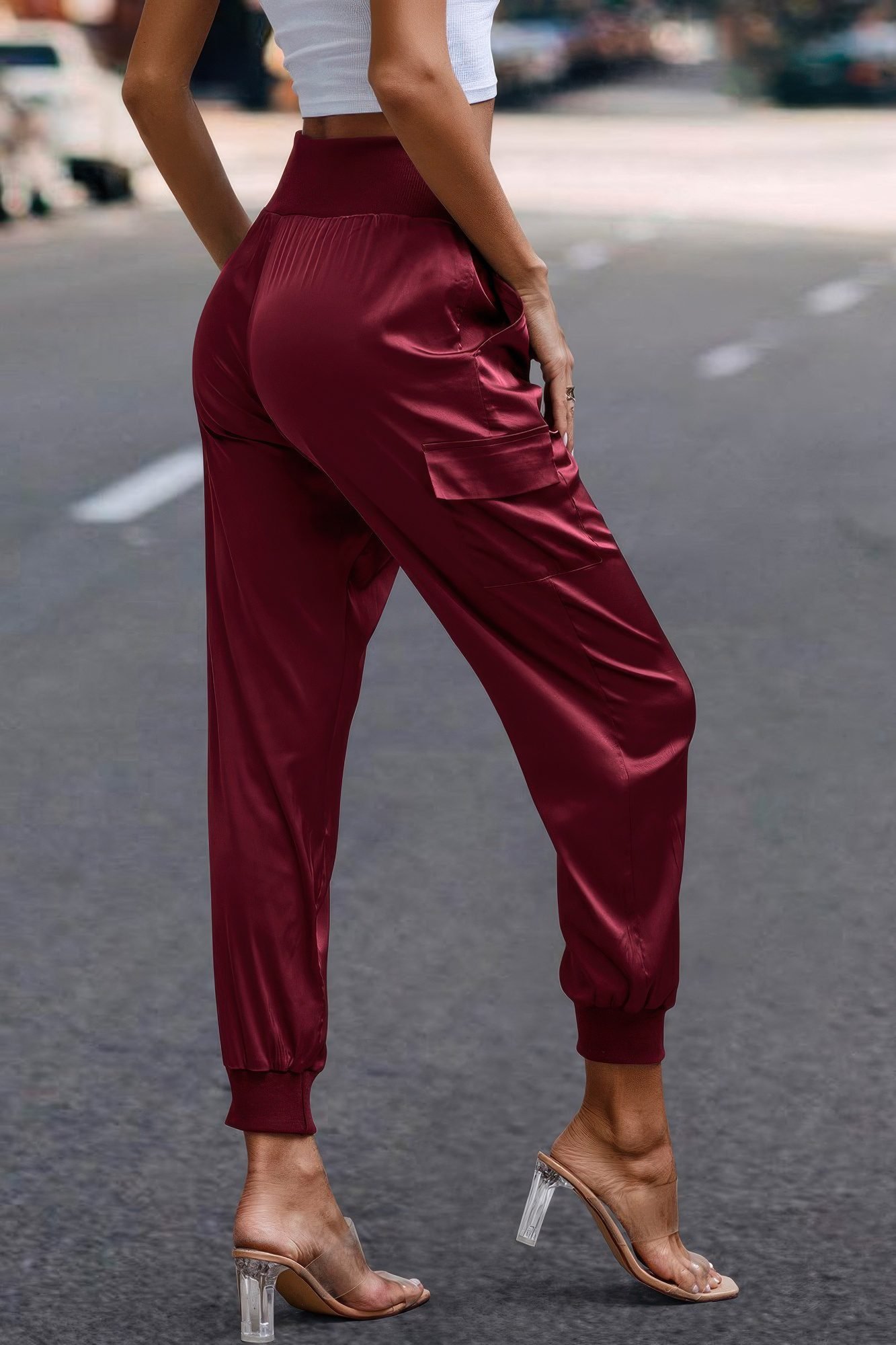 High Waist Trousers Pocket Satin Jogger Pants