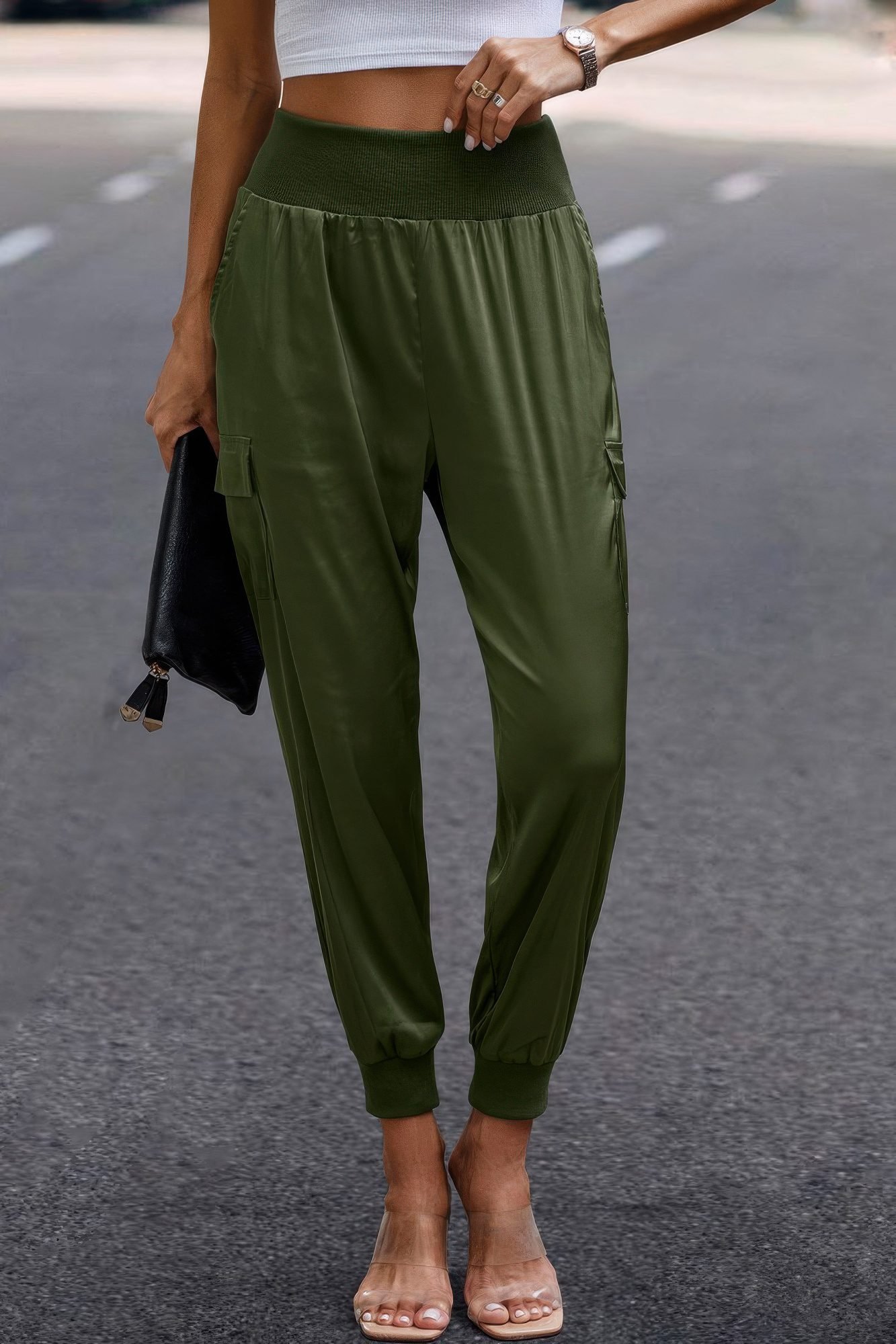 High Waist Trousers Pocket Satin Jogger Pants
