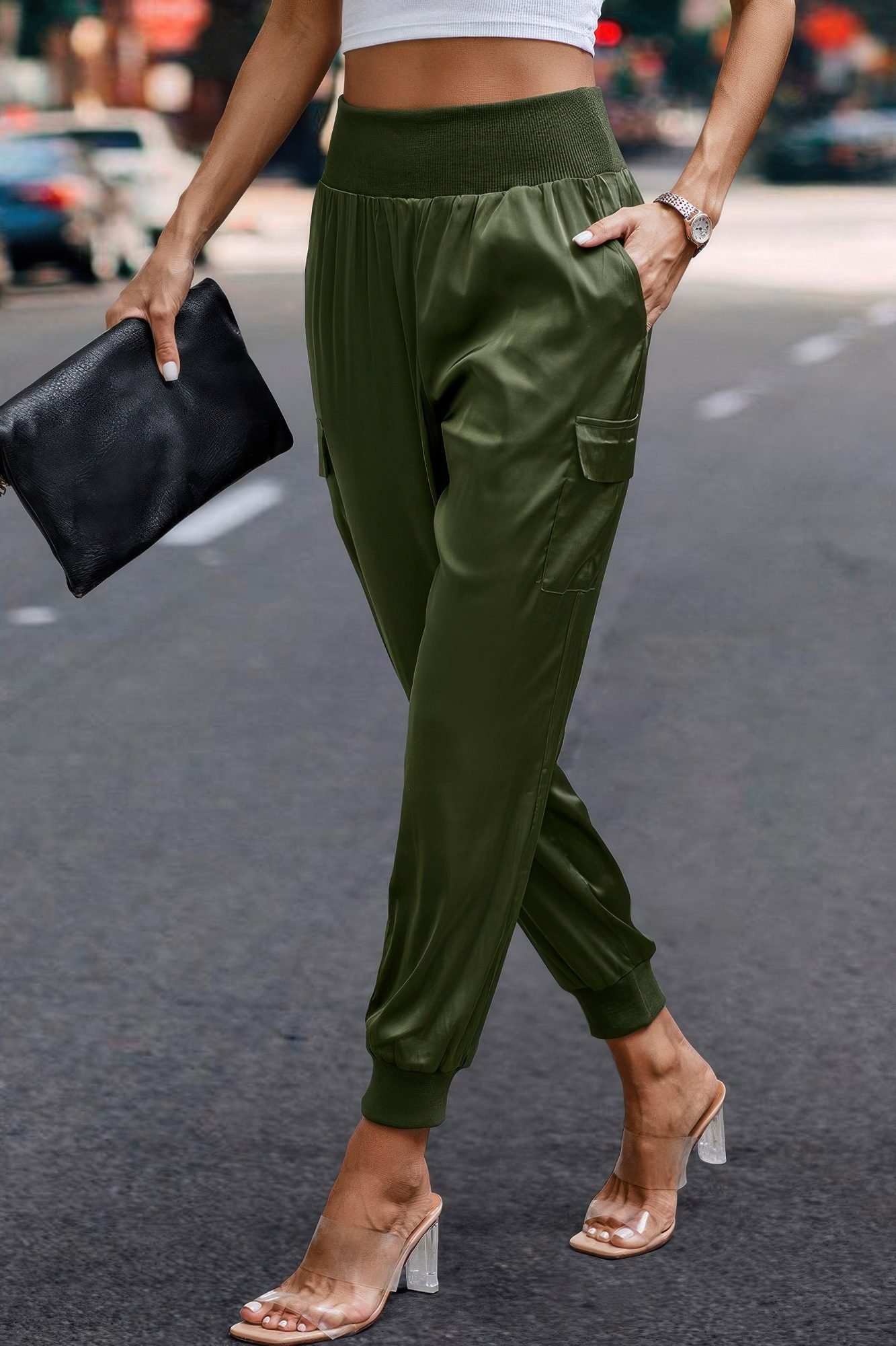 High Waist Trousers Pocket Satin Jogger Pants