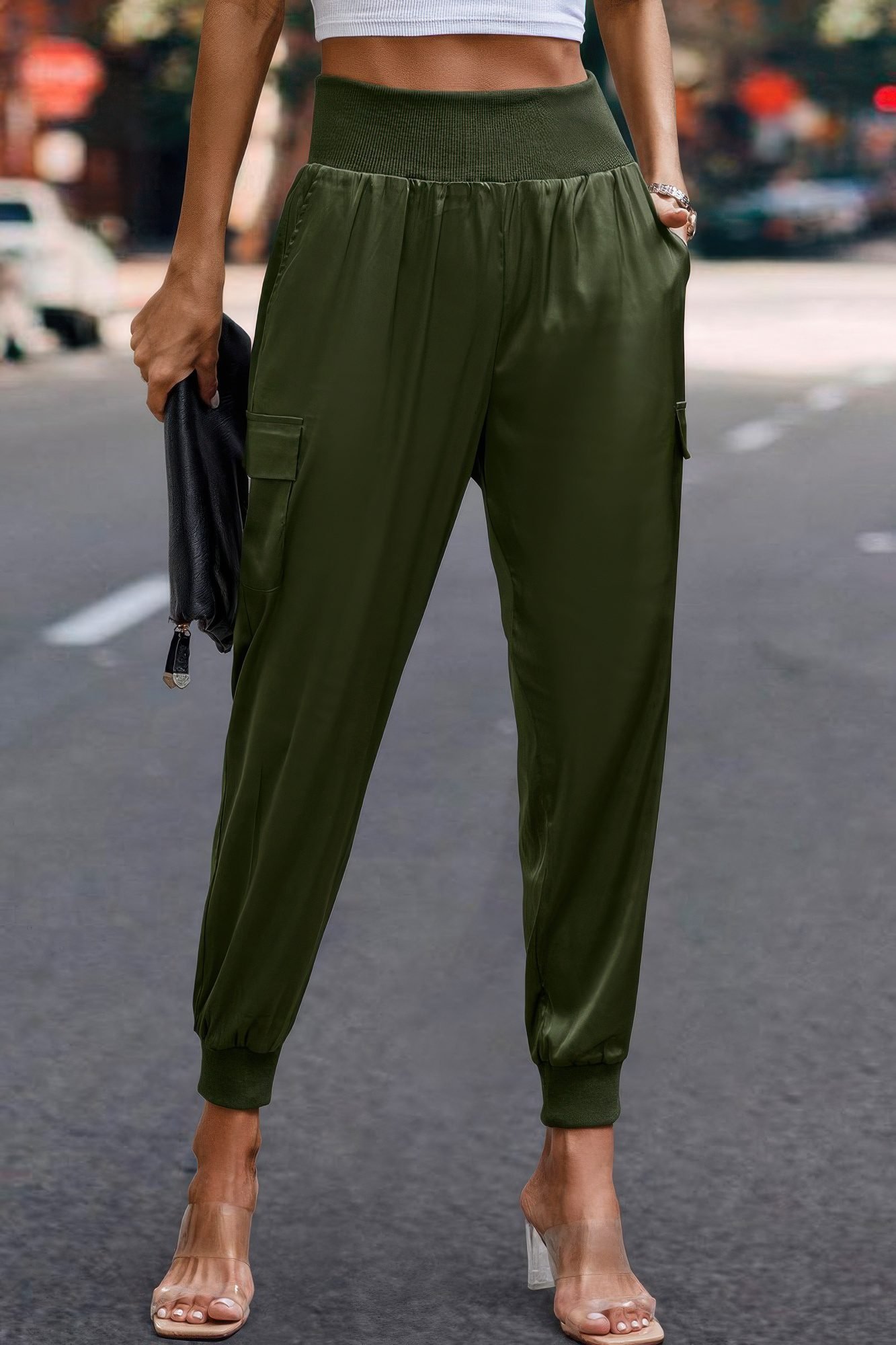 High Waist Trousers Pocket Satin Jogger Pants