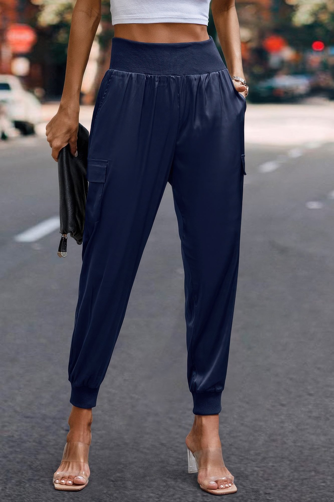 High Waist Trousers Pocket Satin Jogger Pants