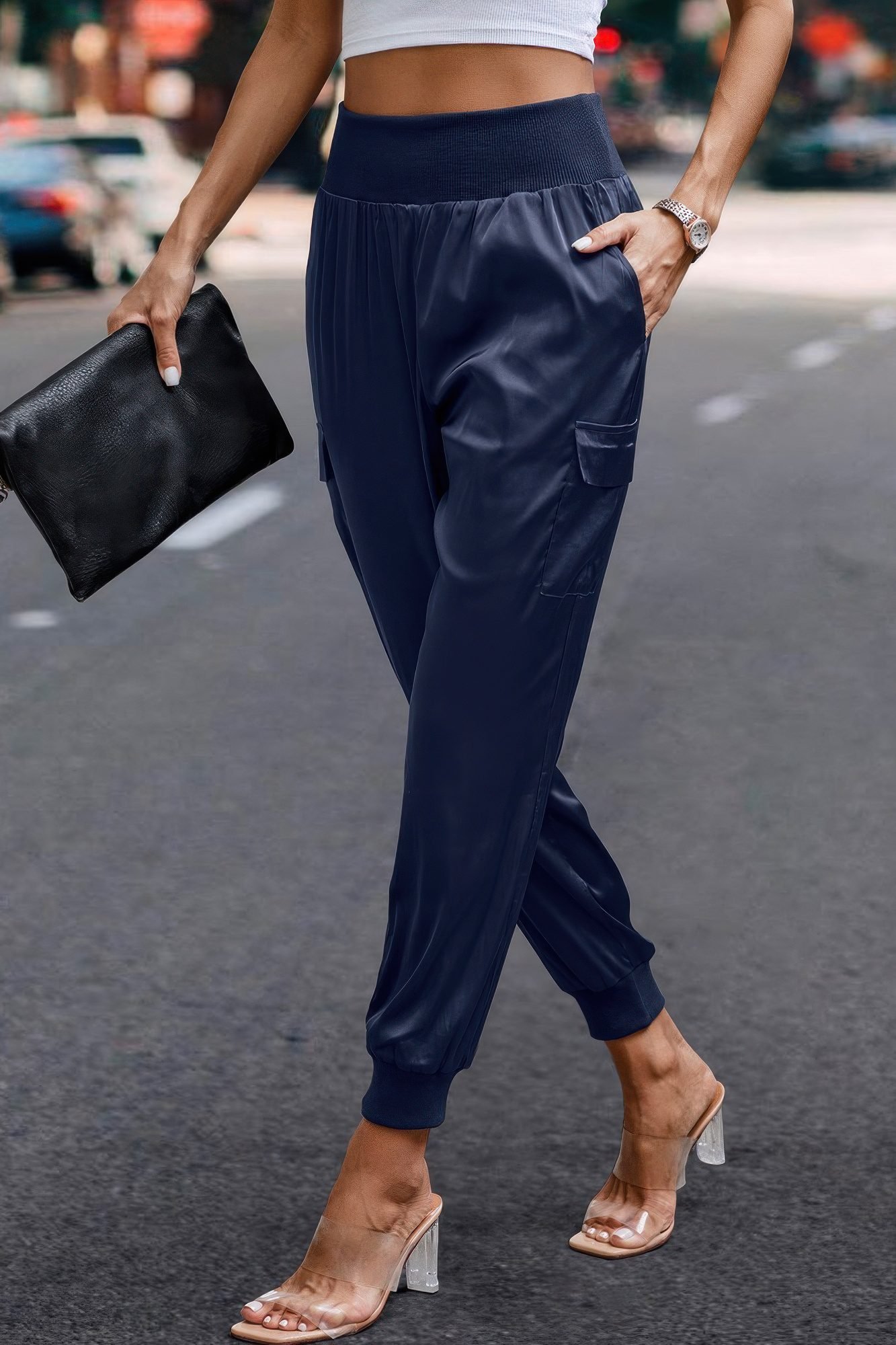 High Waist Trousers Pocket Satin Jogger Pants
