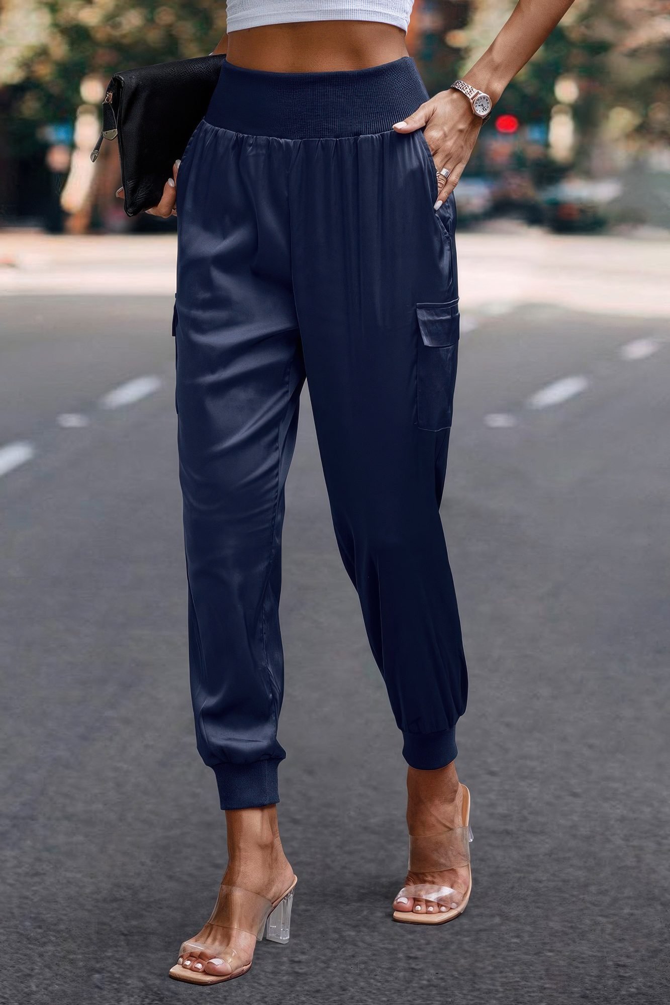 High Waist Trousers Pocket Satin Jogger Pants