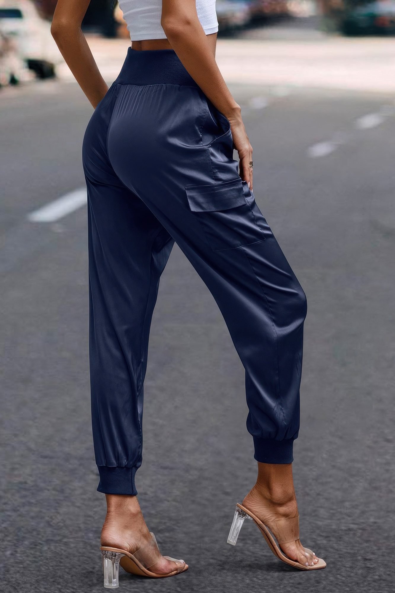 High Waist Trousers Pocket Satin Jogger Pants