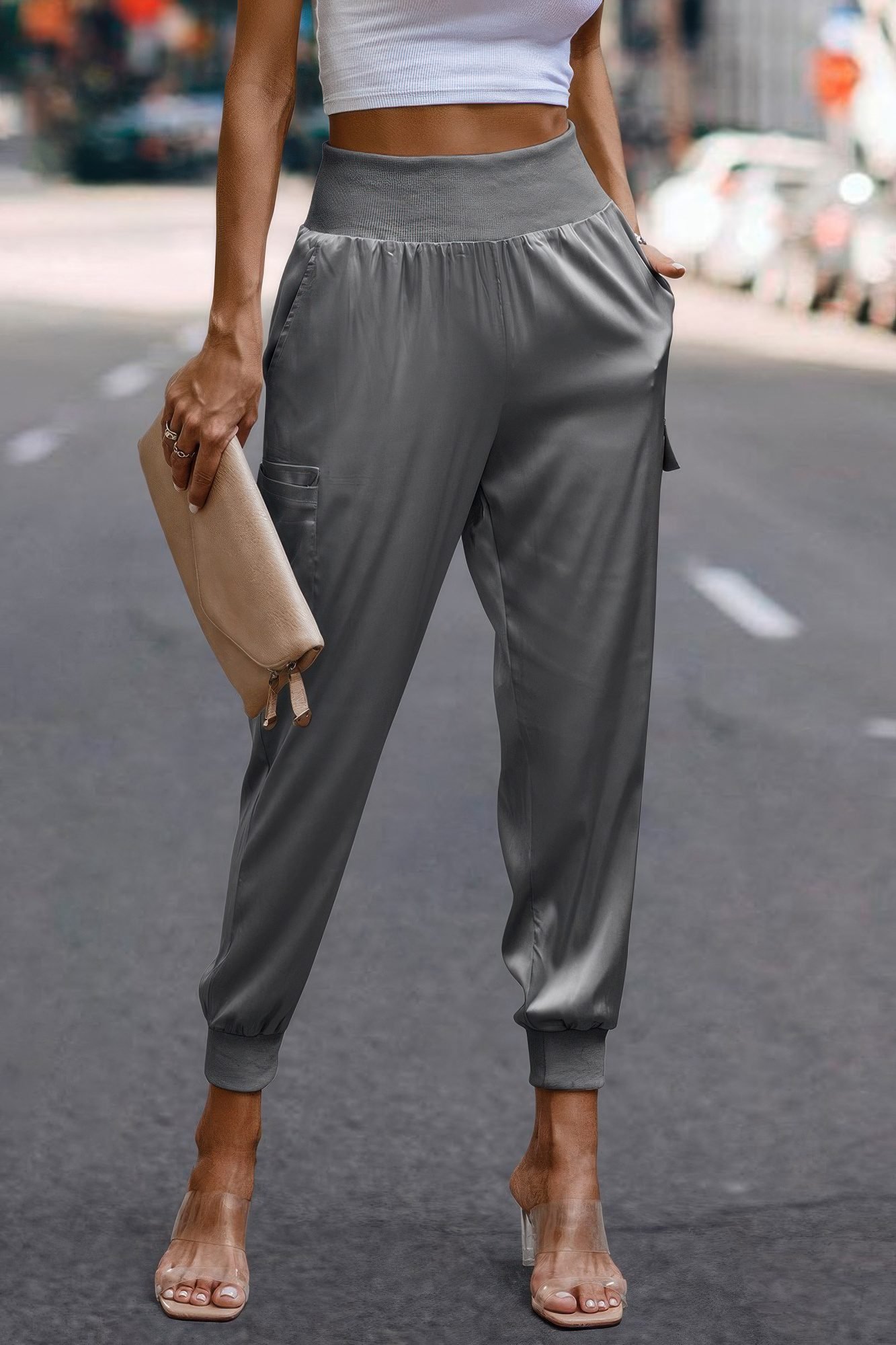 High Waist Trousers Pocket Satin Jogger Pants