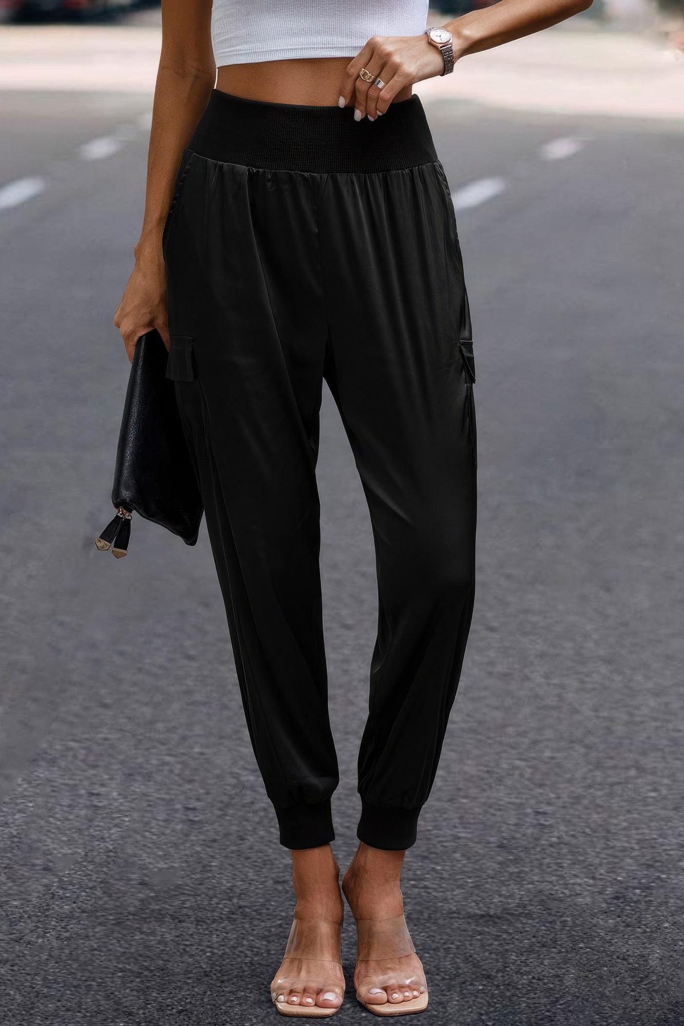 High Waist Trousers Pocket Satin Jogger Pants