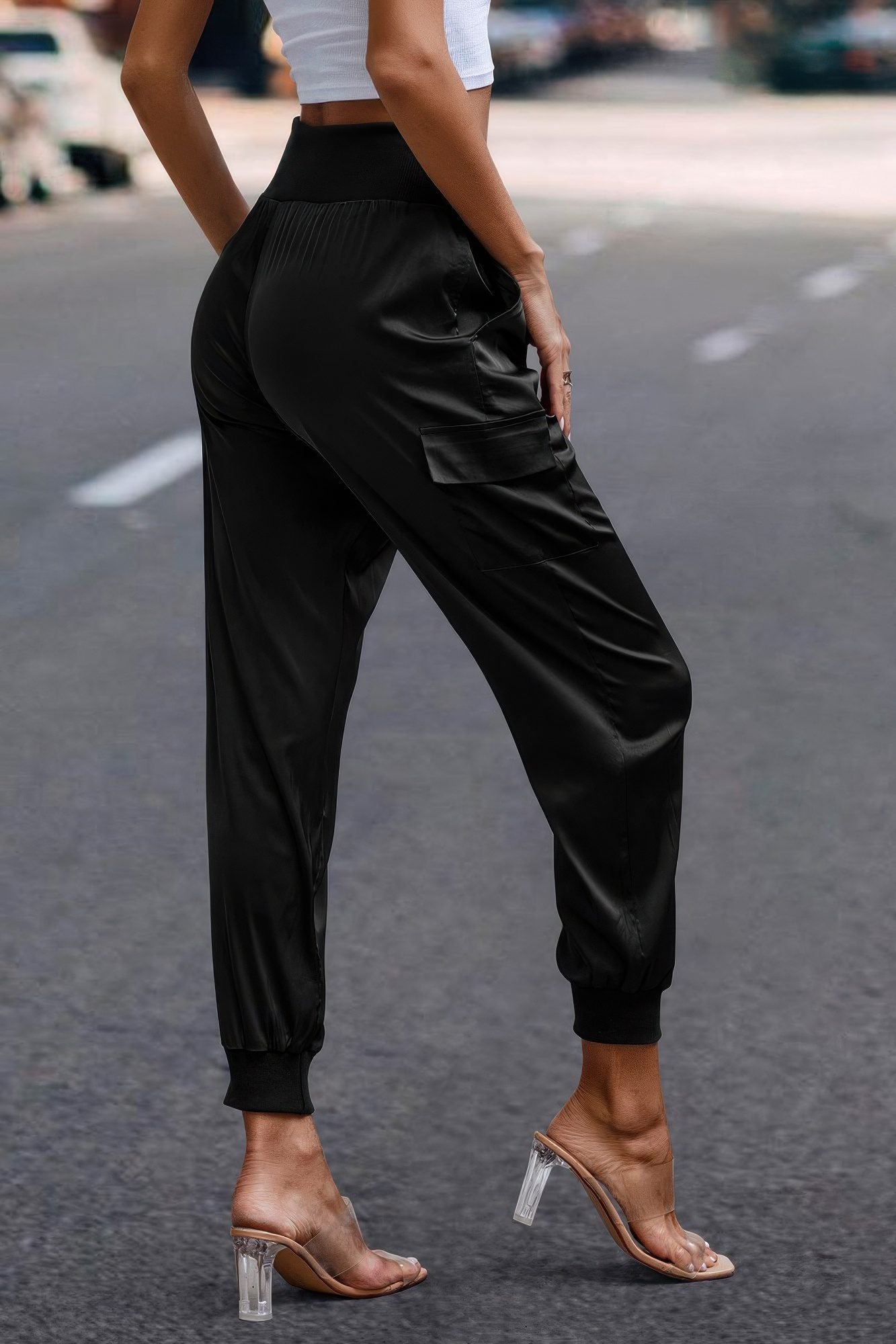 High Waist Trousers Pocket Satin Jogger Pants