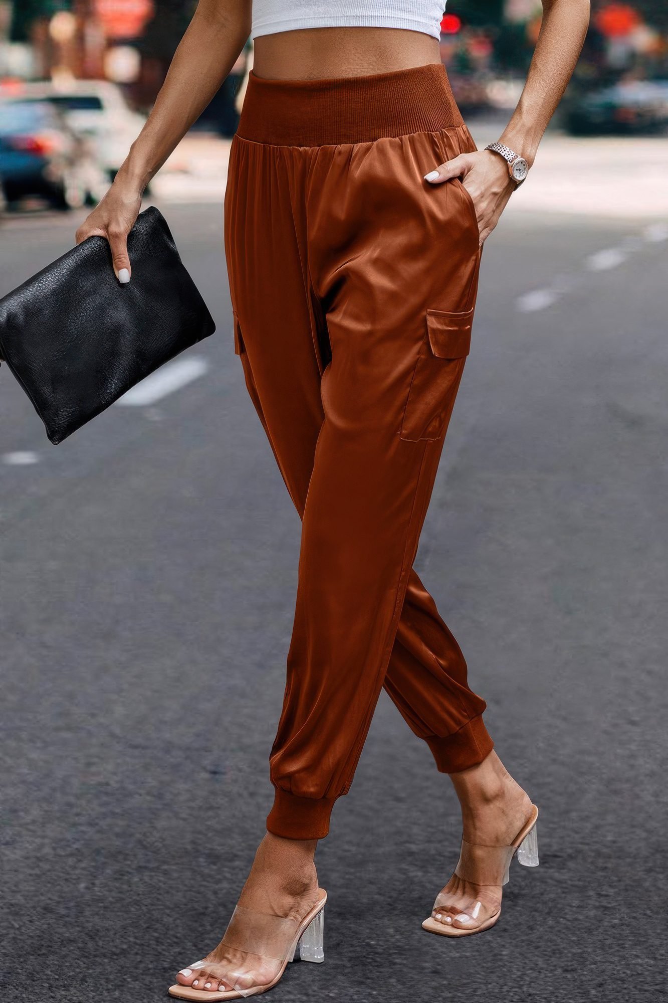 High Waist Trousers Pocket Satin Jogger Pants