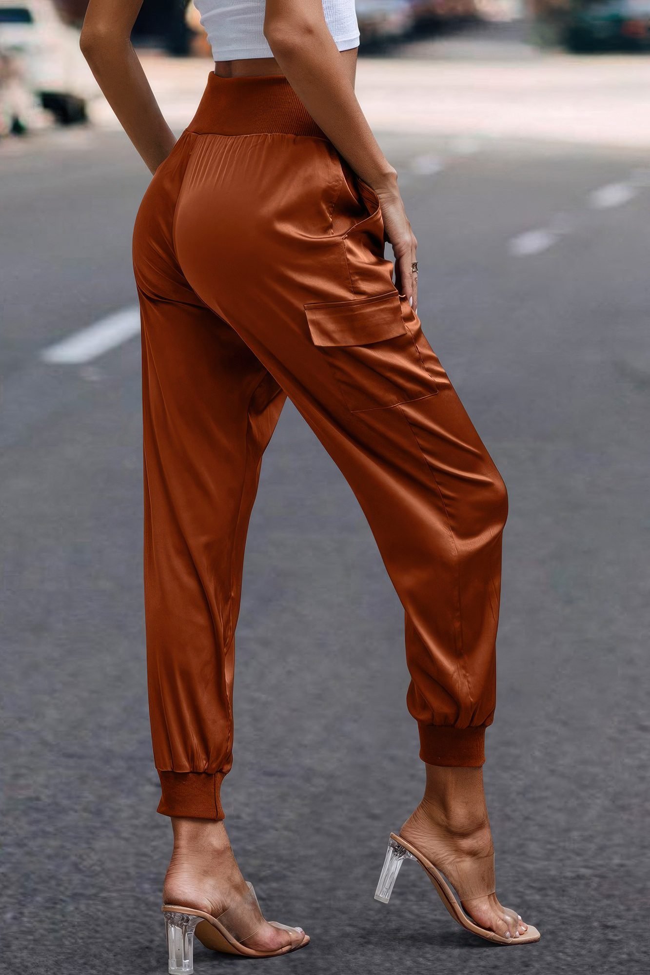 High Waist Trousers Pocket Satin Jogger Pants