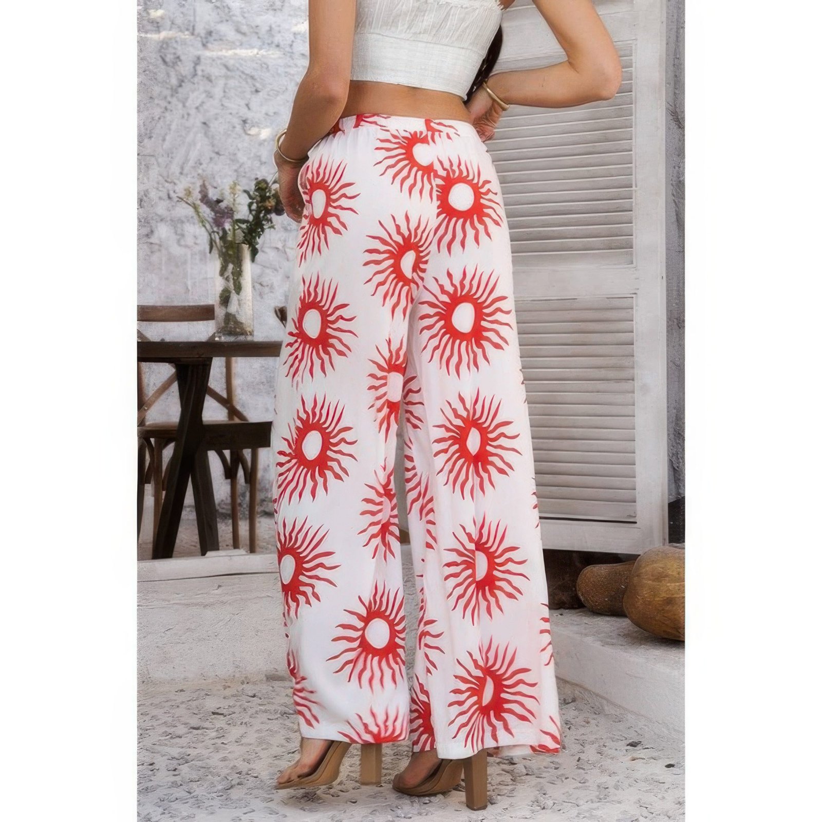 Allover Print Drawstring Pockets Wide Leg Pants