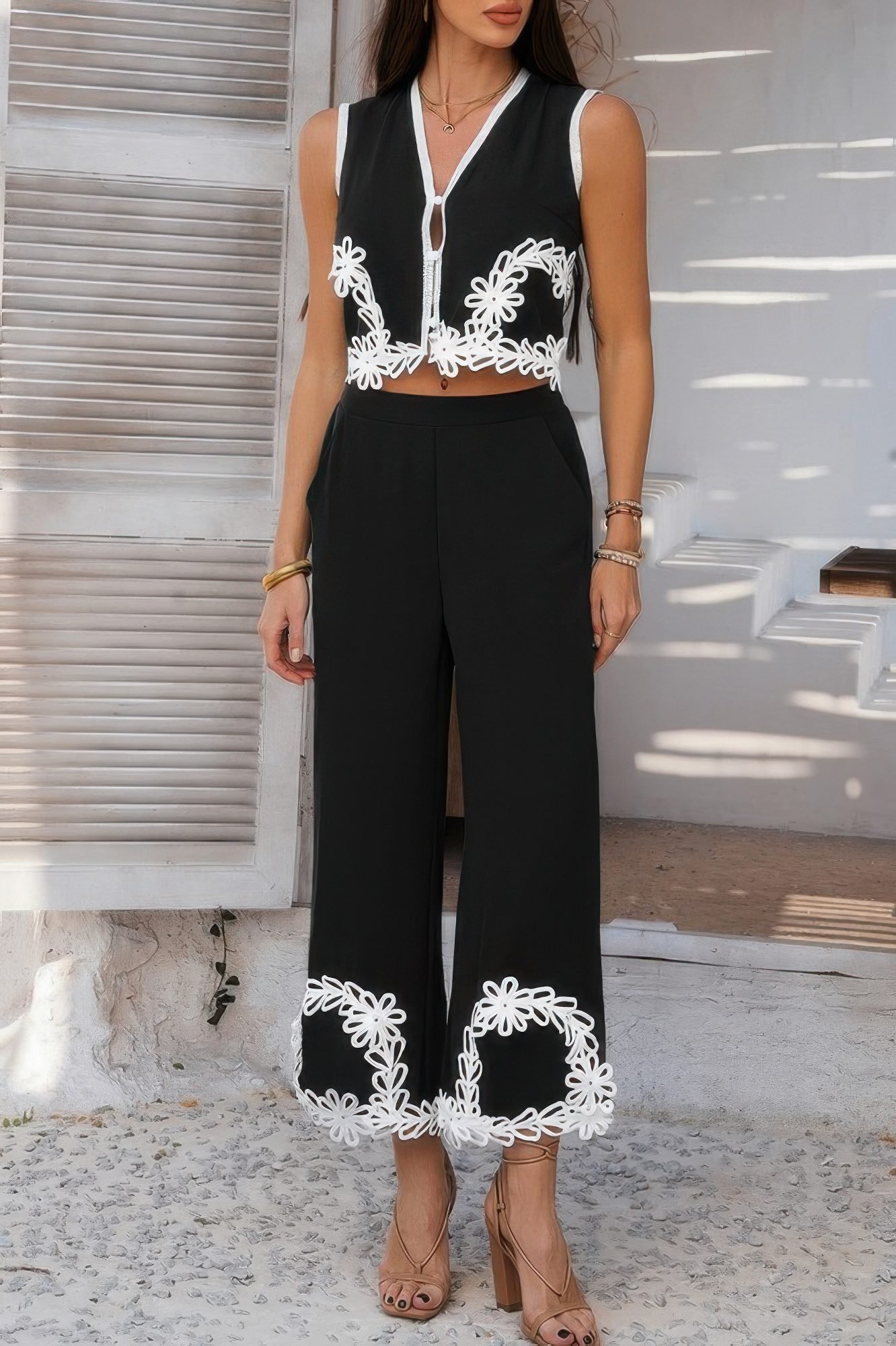 Two Pieces V Neck Button Lace Decorate Long Pants