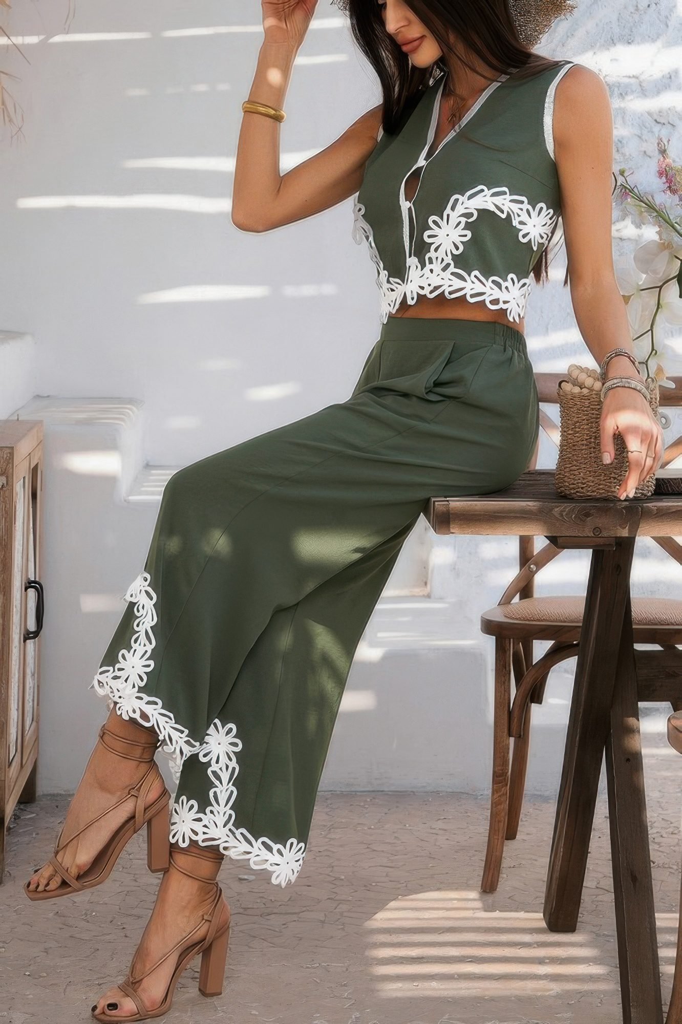 Two Pieces V Neck Button Lace Decorate Long Pants