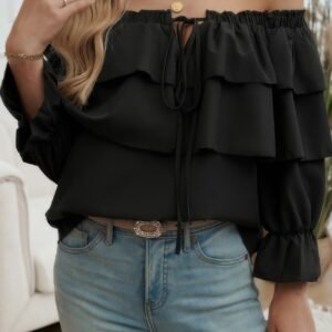 Tiered Ruffles Drawstring Ruched Neck Blouse-50540