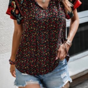 Floral Boho Ruffle V Neck Short Sleeve Loose Shirt-50572