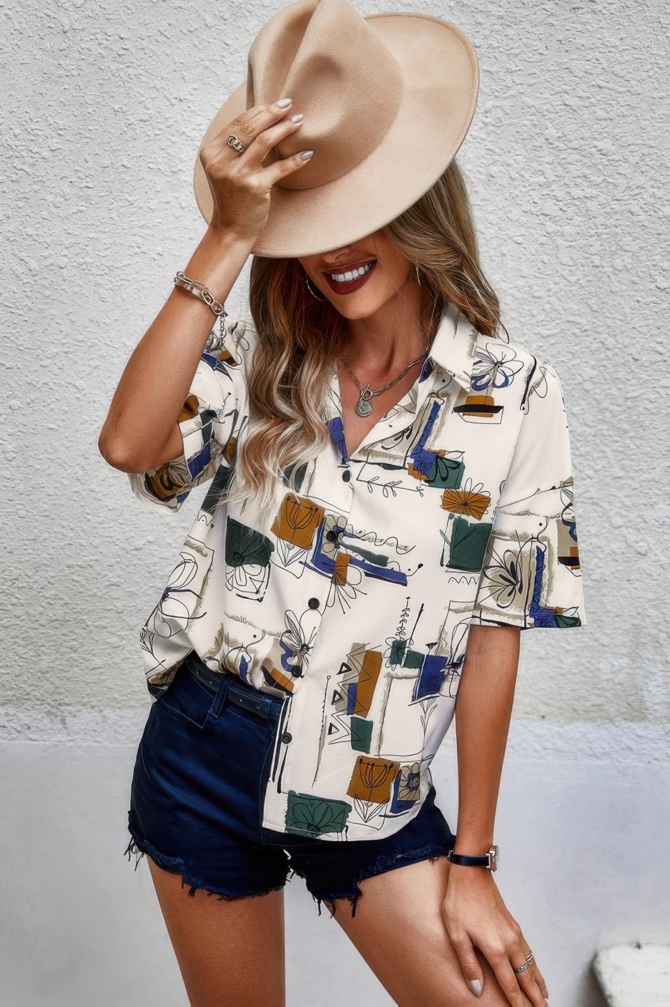 Geometric Print Short Sleeve Collar Button Blouse-50573