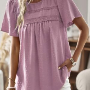 Loose Fit Dot Solid Lace Round Neck Top-50583