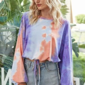 Round Neck Tie Dye Long Balloon Sleeve Top-50591