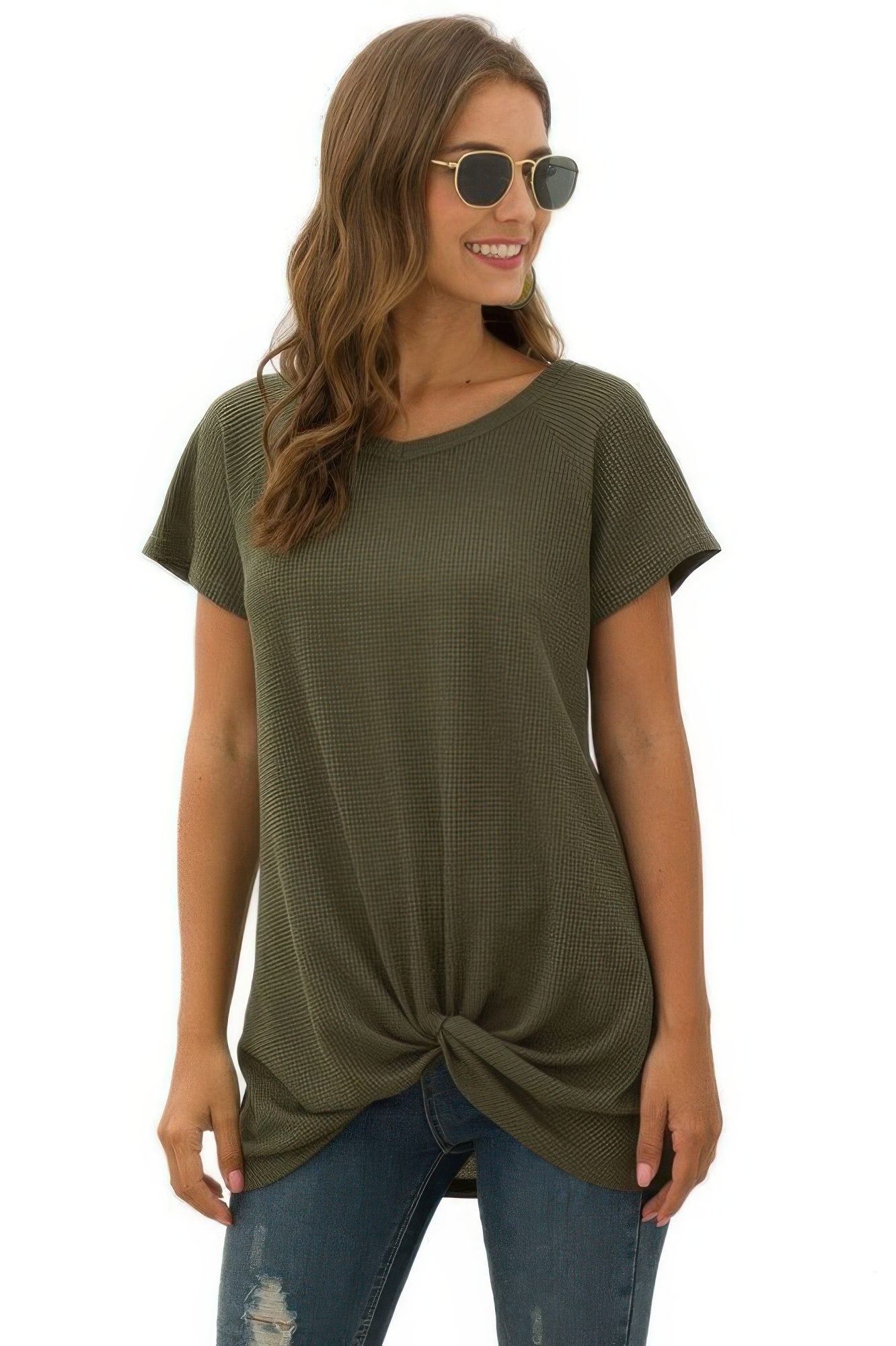 Crew Neck Solid Color Tunic Tops-50592