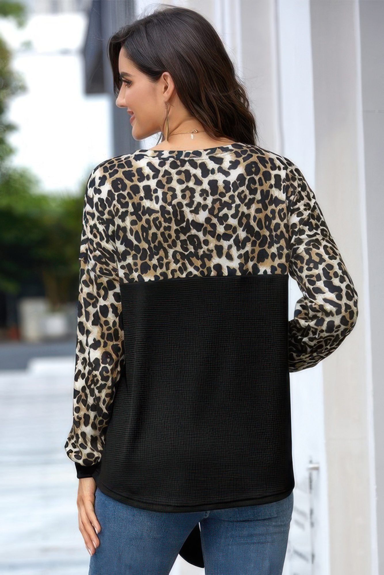 Leopard Stitching Bow Knit Crew Neck Loose Pullover-50593