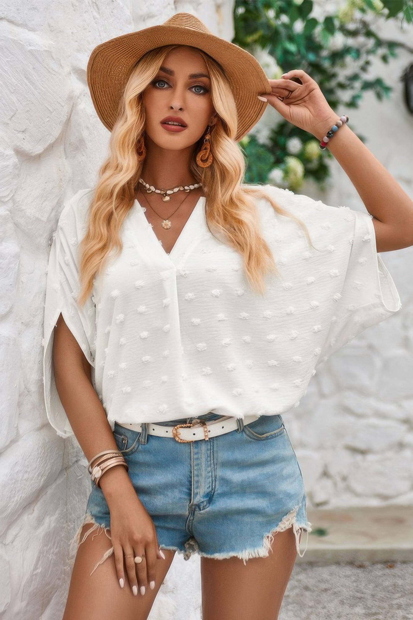 Swiss Dot V Neck Loose Half Sleeve Blouse-50639