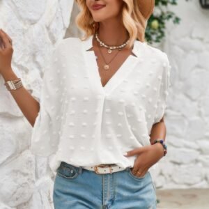 Swiss Dot V Neck Loose Half Sleeve Blouse-50639