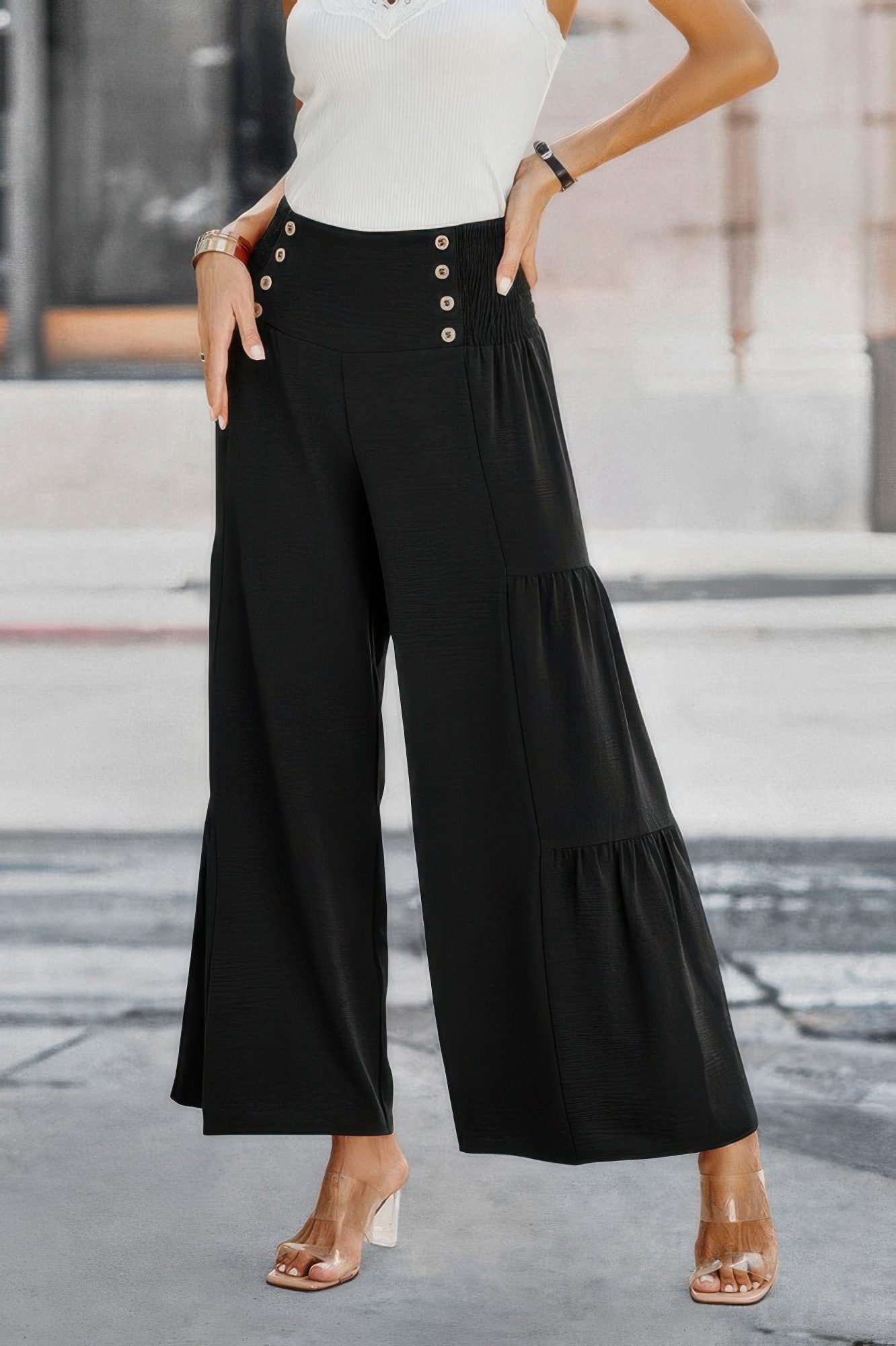 Solid Ruffle Button Wide Leg Pant