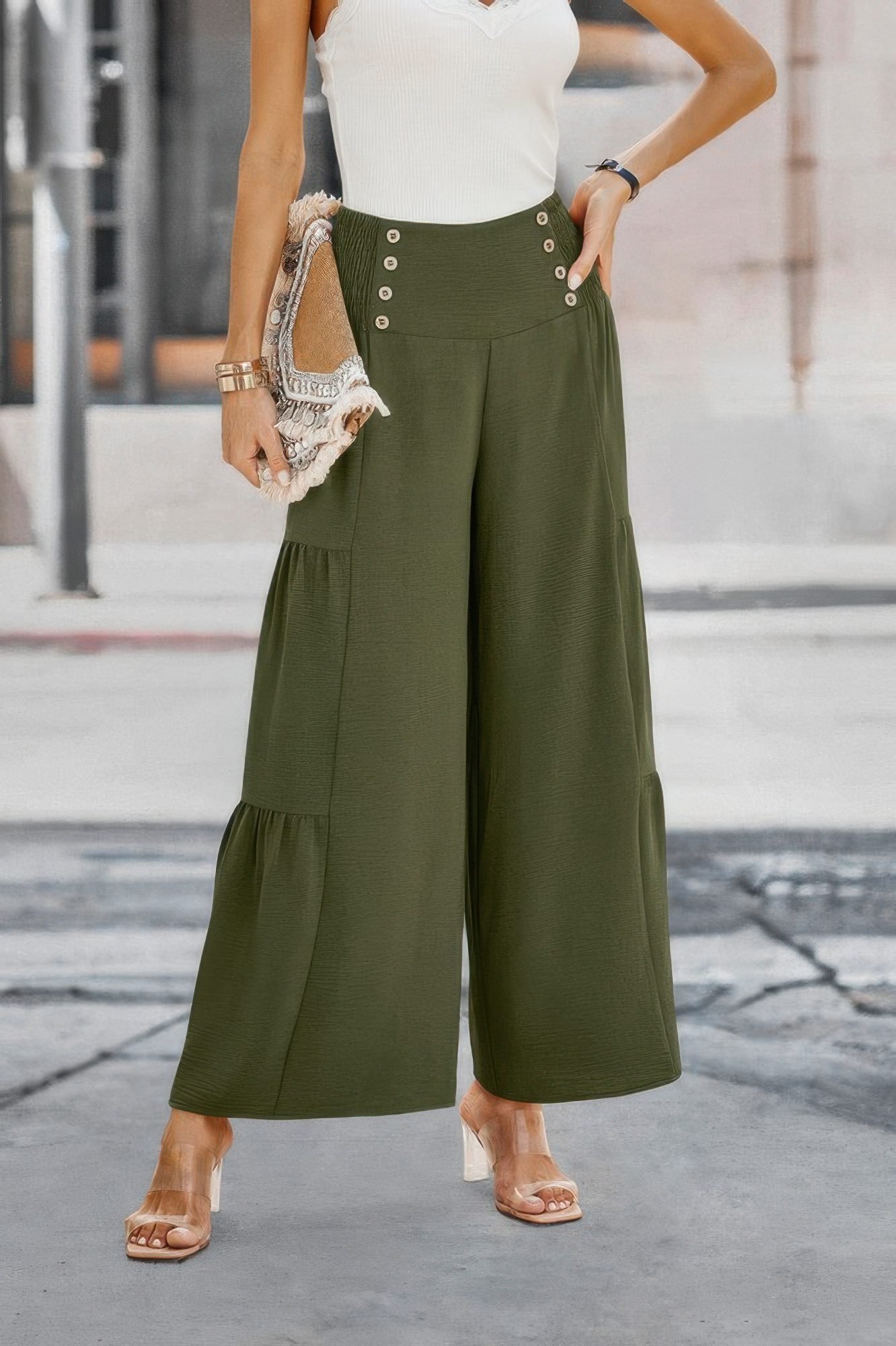 Solid Ruffle Button Wide Leg Pant