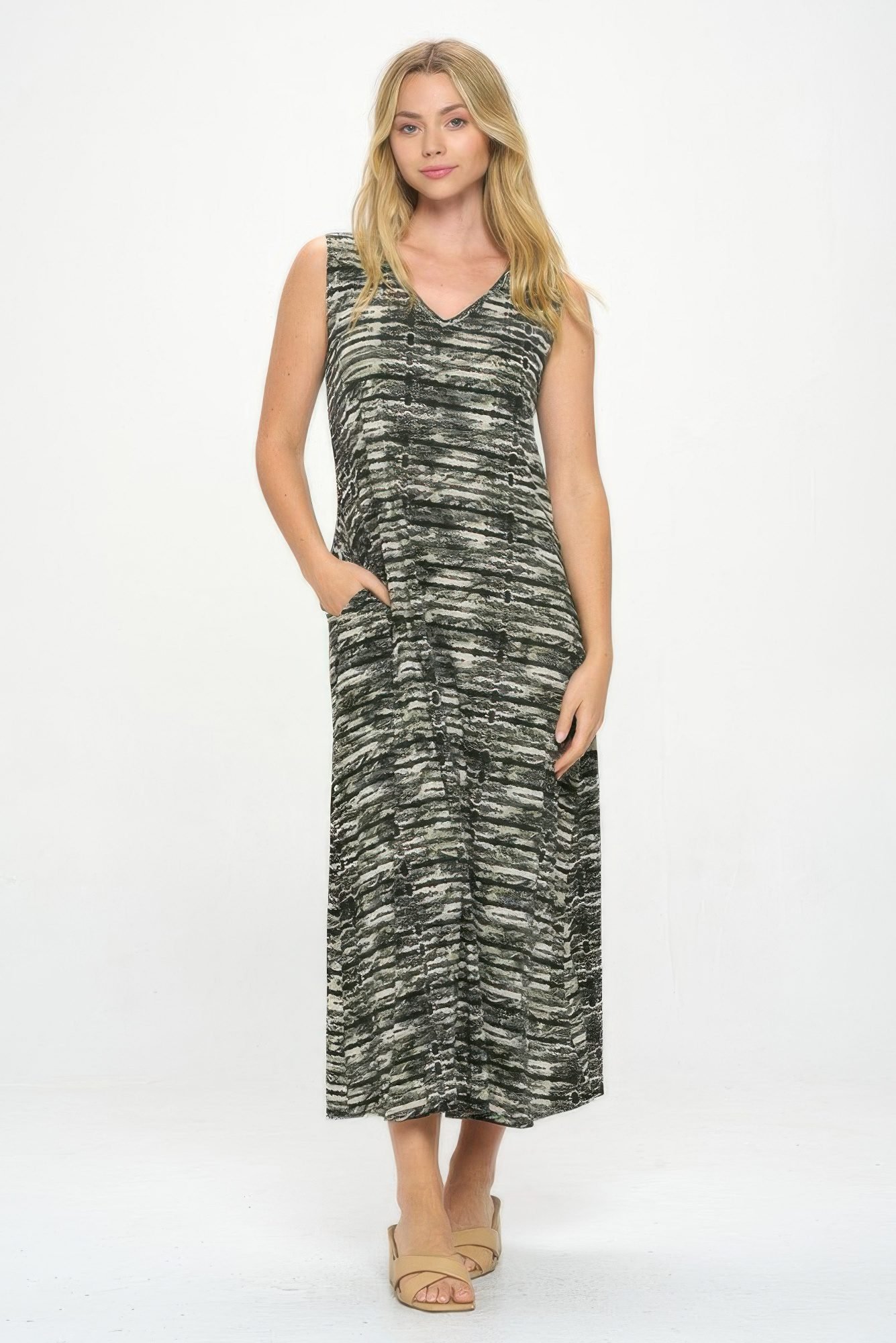 Hit V-Neck Bias Long Dress W/Pocket-53240