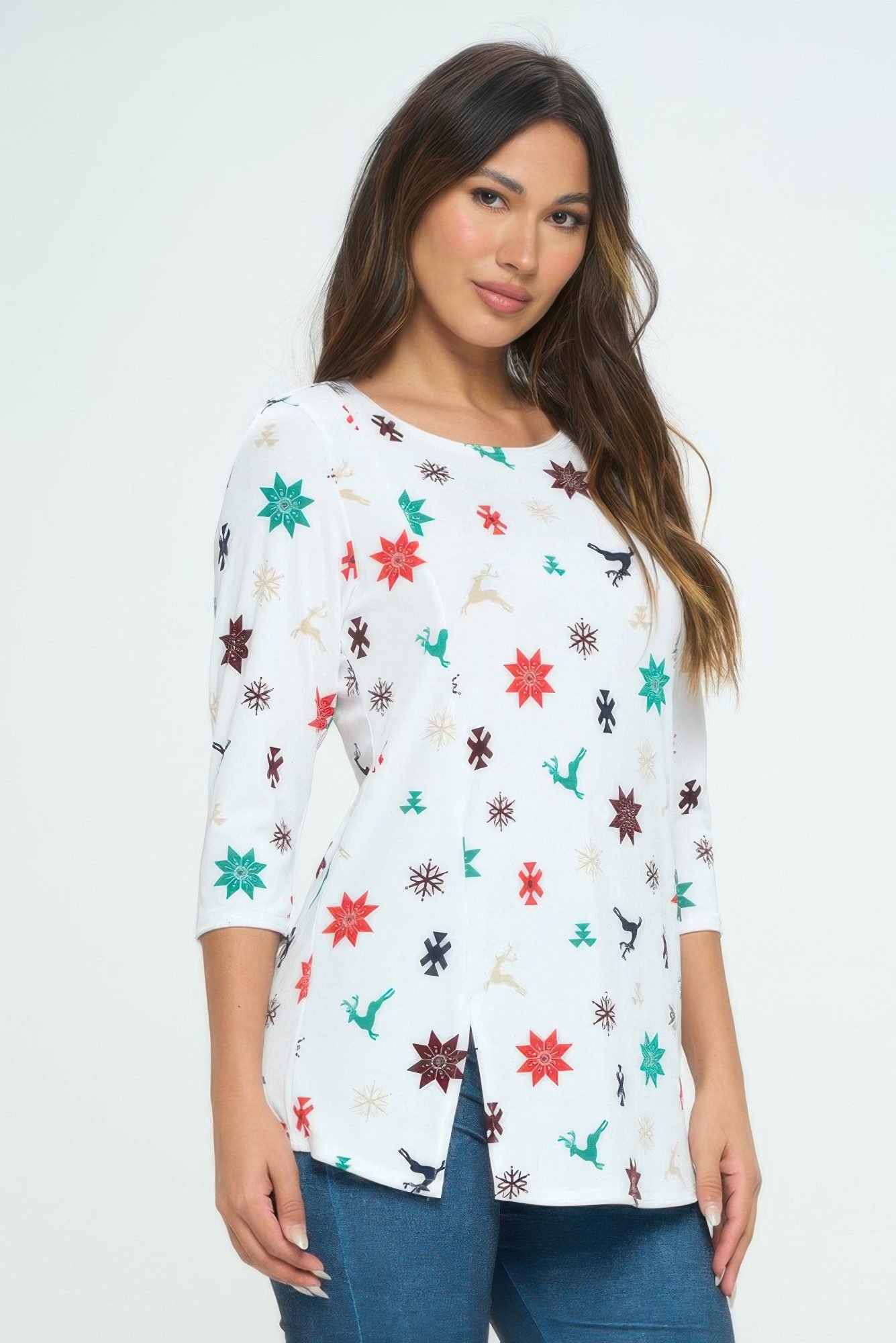 Bns Round Neck 3/4 Sleeve Slit Top-53622