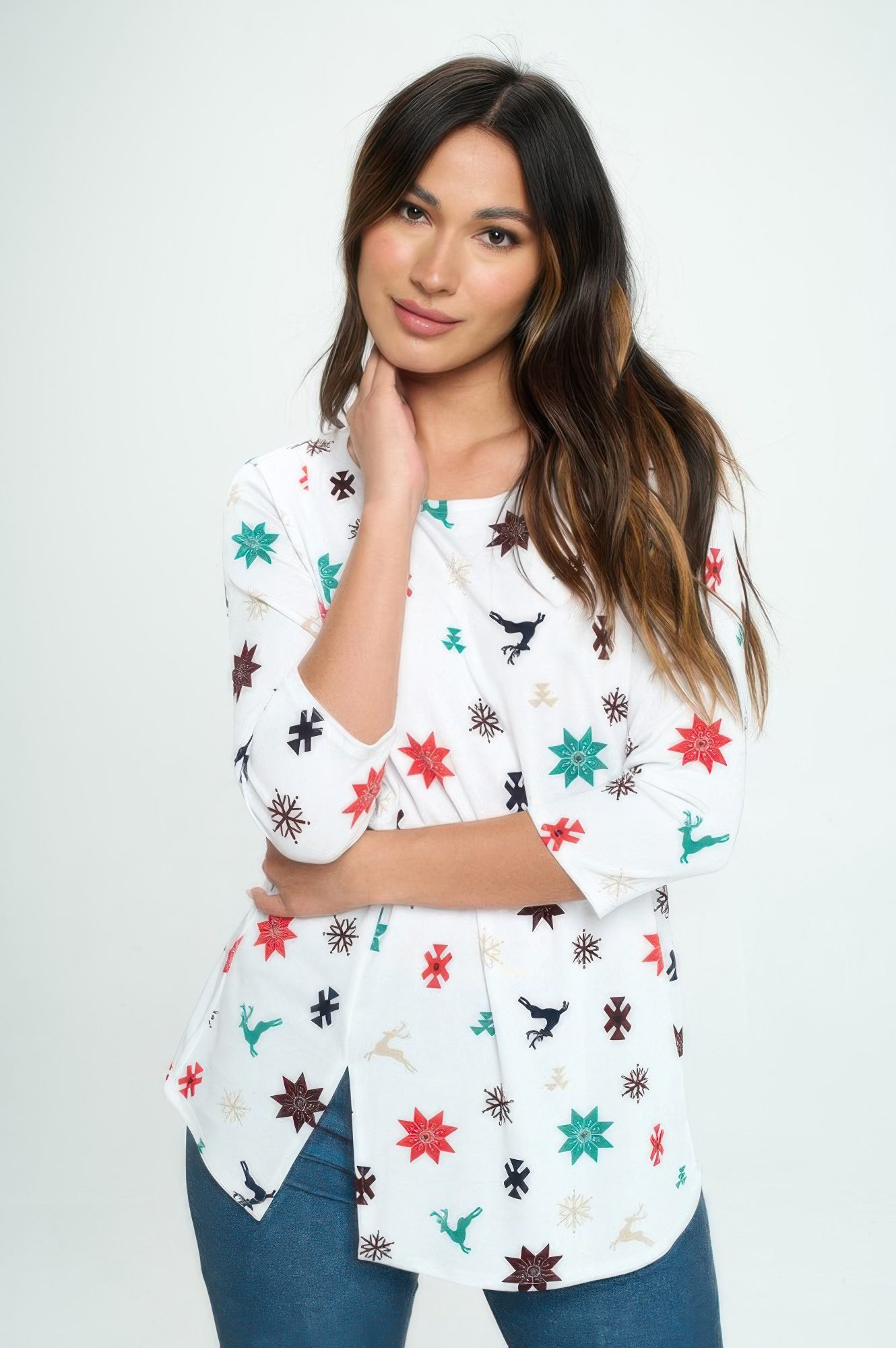 Bns Round Neck 3/4 Sleeve Slit Top-53622