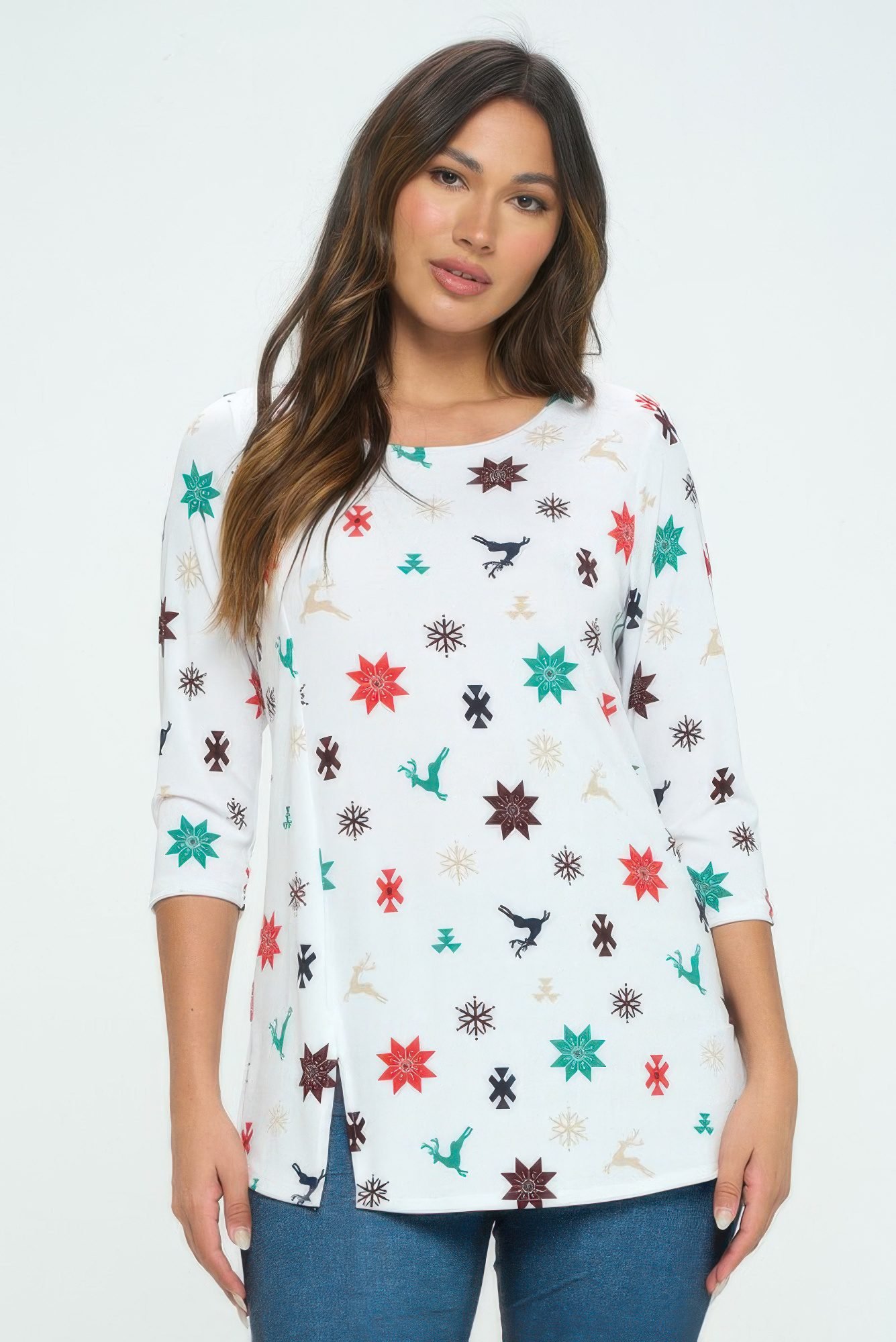 Bns Round Neck 3/4 Sleeve Slit Top-53622