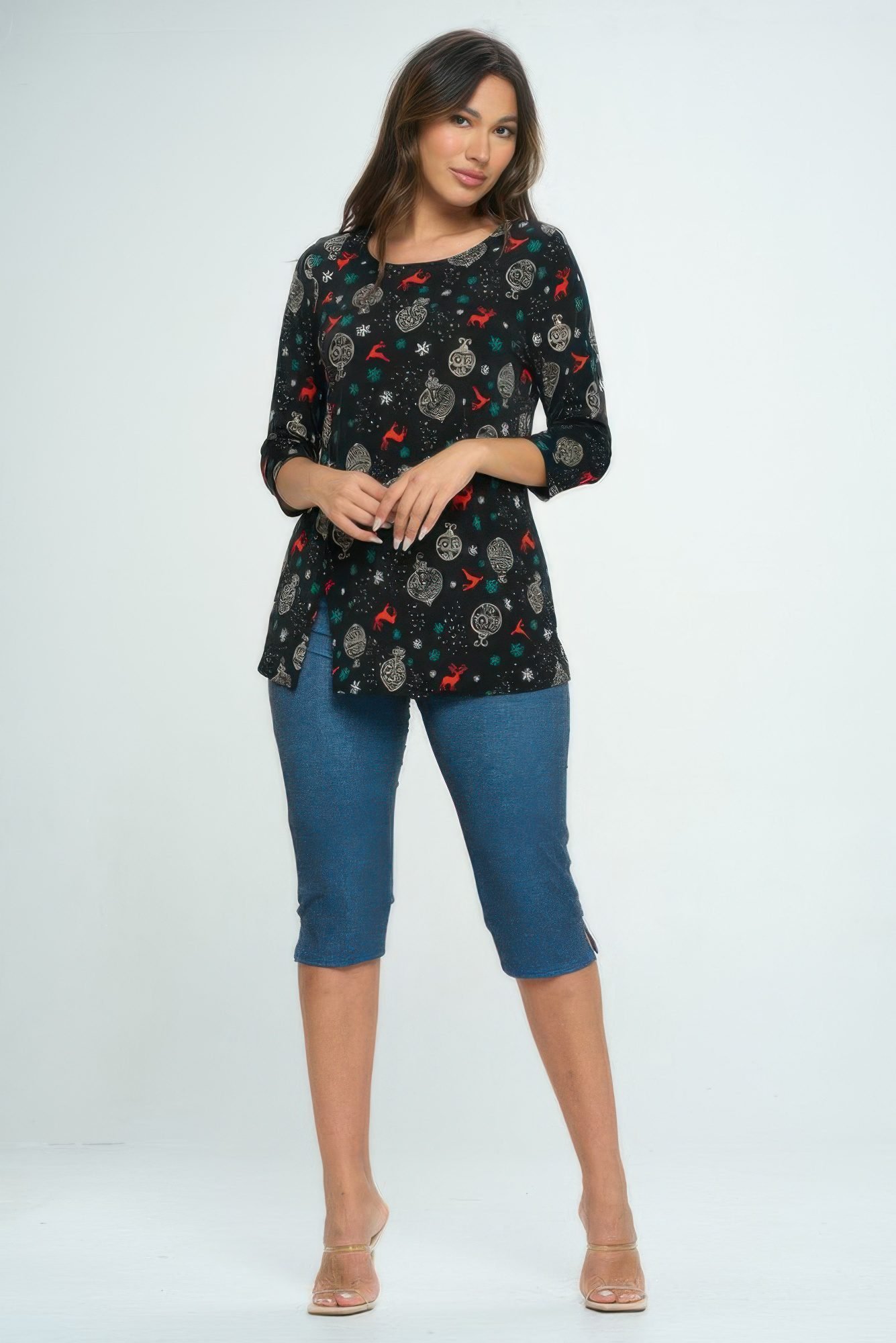 Bns Round Neck 3/4 Sleeve Slit Top-53623