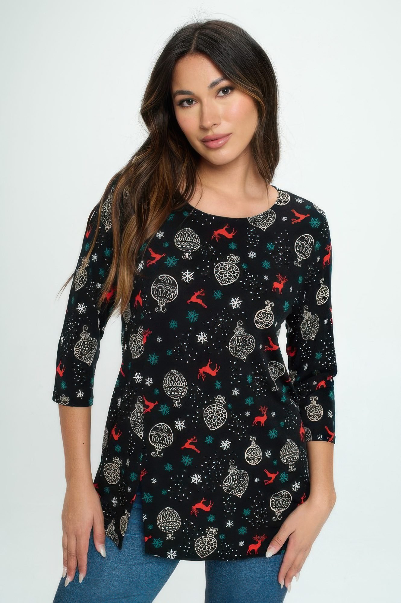 Bns Round Neck 3/4 Sleeve Slit Top-53623