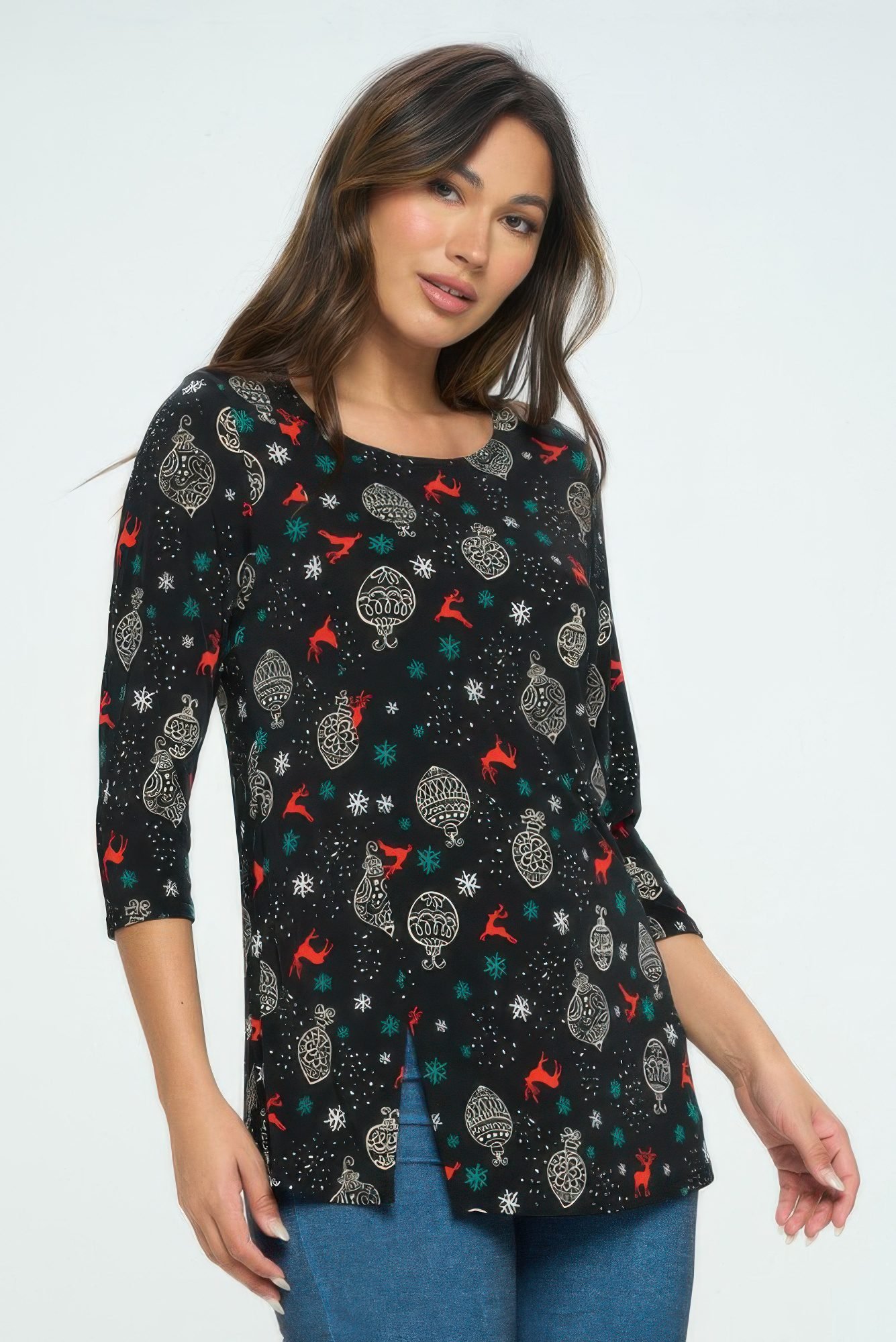 Bns Round Neck 3/4 Sleeve Slit Top-53623