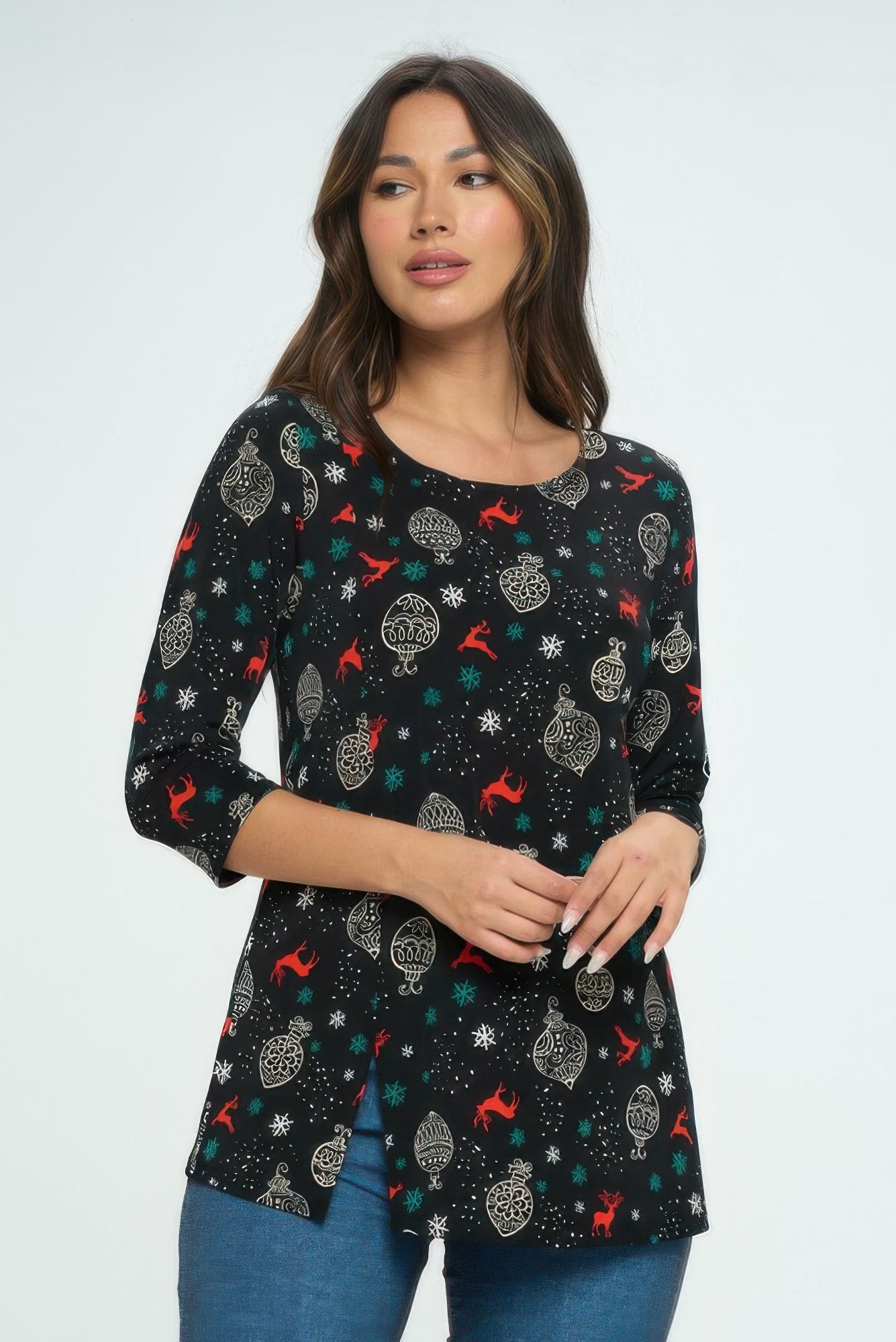 Bns Round Neck 3/4 Sleeve Slit Top-53623