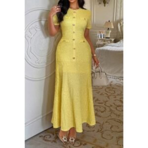 Solid Round Neck Button Elegant Sheath Dress-53948